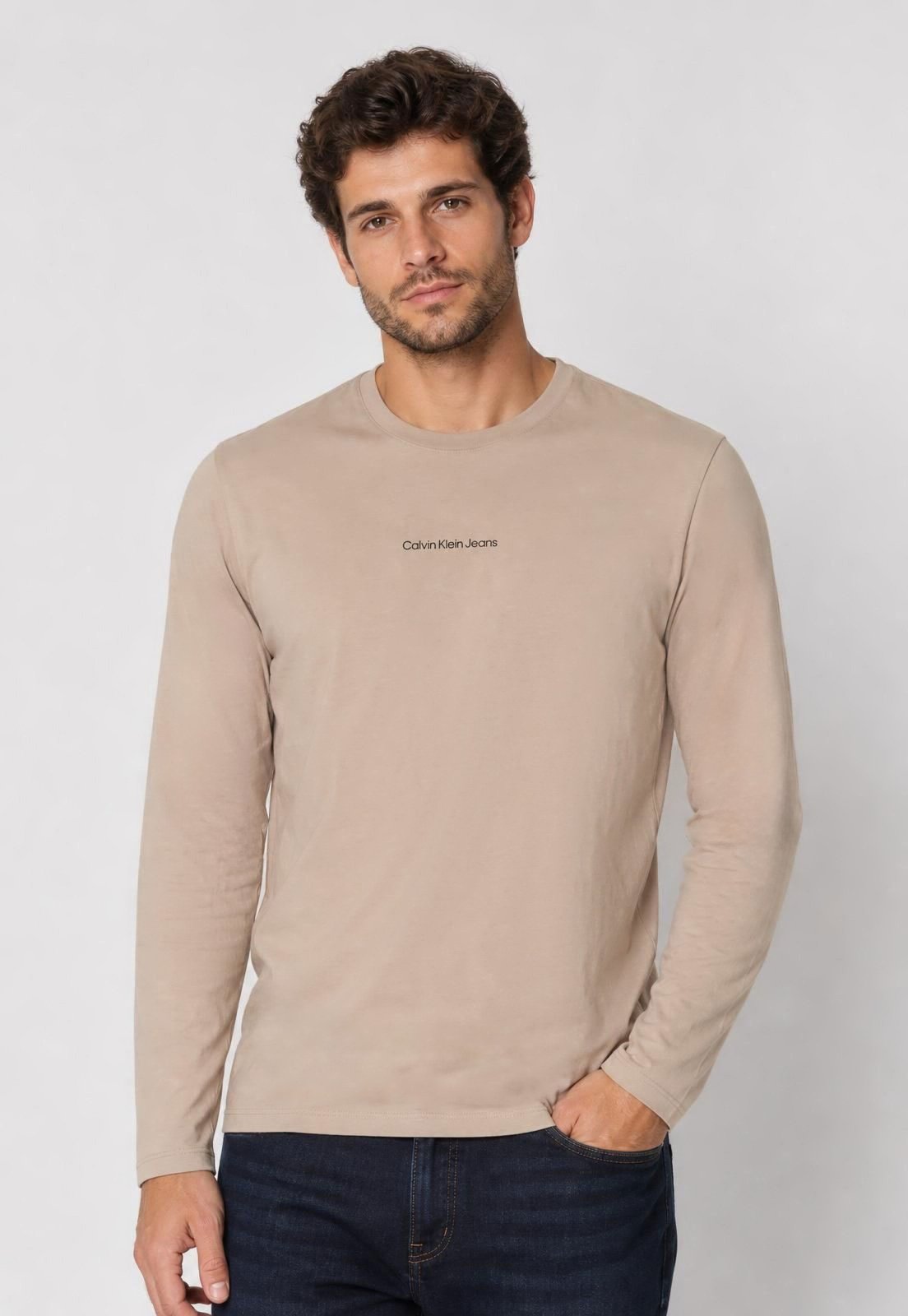 Camiseta Masculina Calvin Klein Jeans Manga Longa Logo Bege