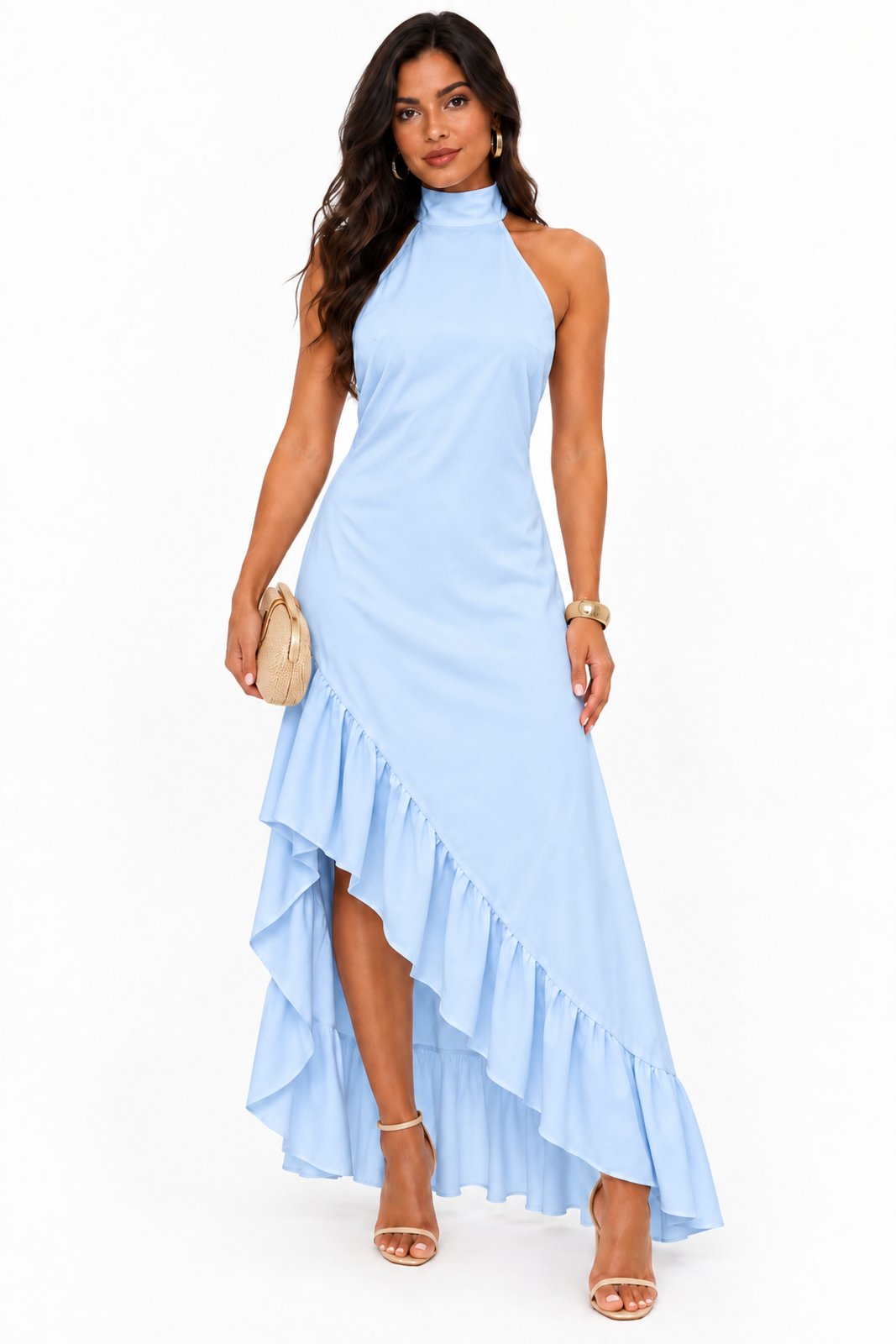 Vestido Longo D Bell Outlet Fashion Gola Alta com Saia Flare Azul