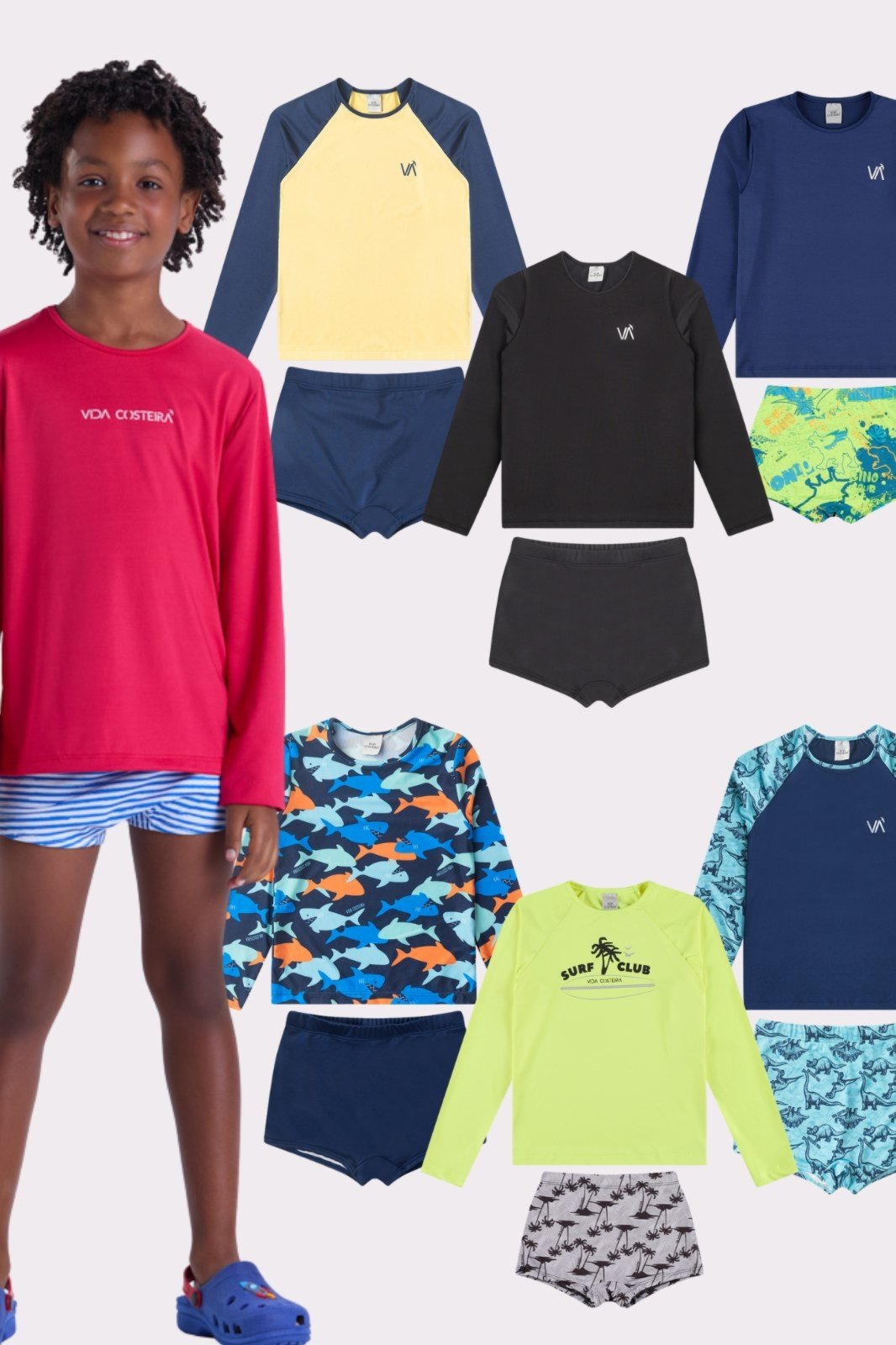 Kit Sortido 4 Peças de Roupas Infantis Menino Moda Praia- 2 Camisas + 2 Sungas