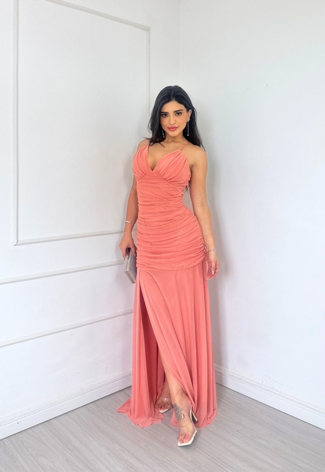 Vestido Longo de Festa Madrinhas Micro Tule Tubinho Sereia Mikaelly Rosê