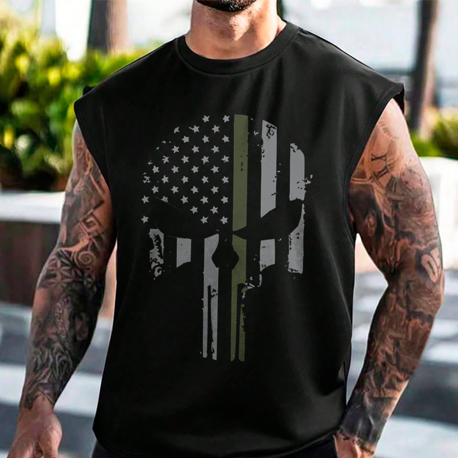 Camiseta Regata Machão Caveira Militar USA Flag Streetwear Preto