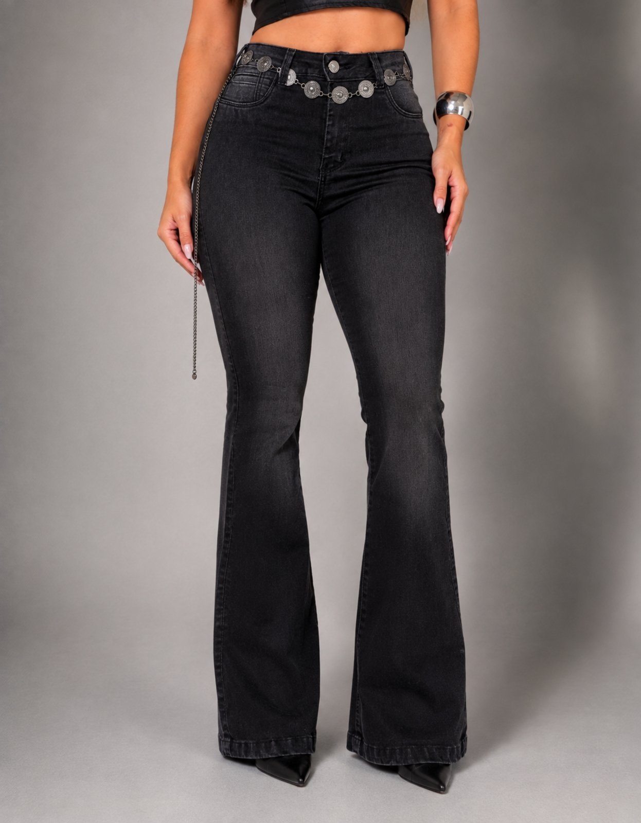 Calça Feminina Flare Com Cinto Cintura Alta e Elastano Preto