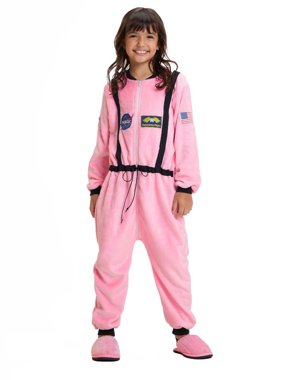 Pijama Macacão em Fleece Feminino - Fantasia Astronauta Rosa