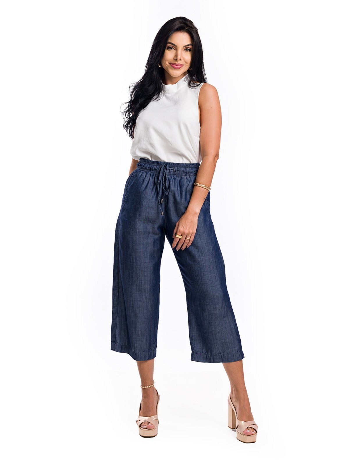 Bermuda Calça Pantacourt Restrito Jeans Cós Elástico – AZUL ESCURO
