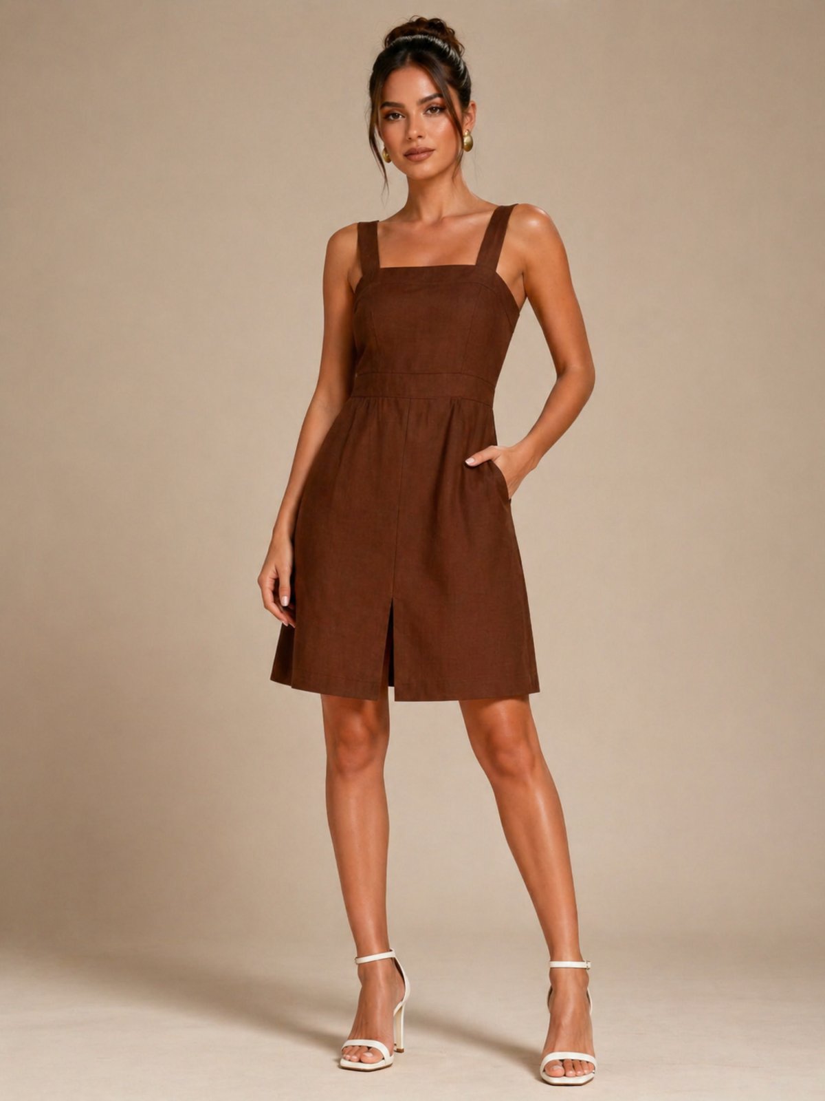Vestido Alfaiataria Alça Larga Cintura Marcada Lapetry Casual e Estiloso Marrom