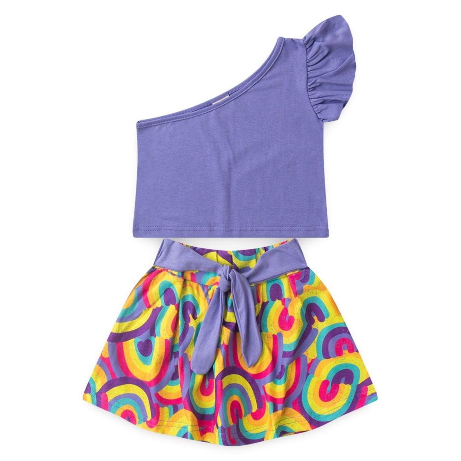 Vista 3 Infantil - Conjunto Verão Menina Cropped um Ombro e Shorts Saia com Faixa Molekada roxo Molekada roxo