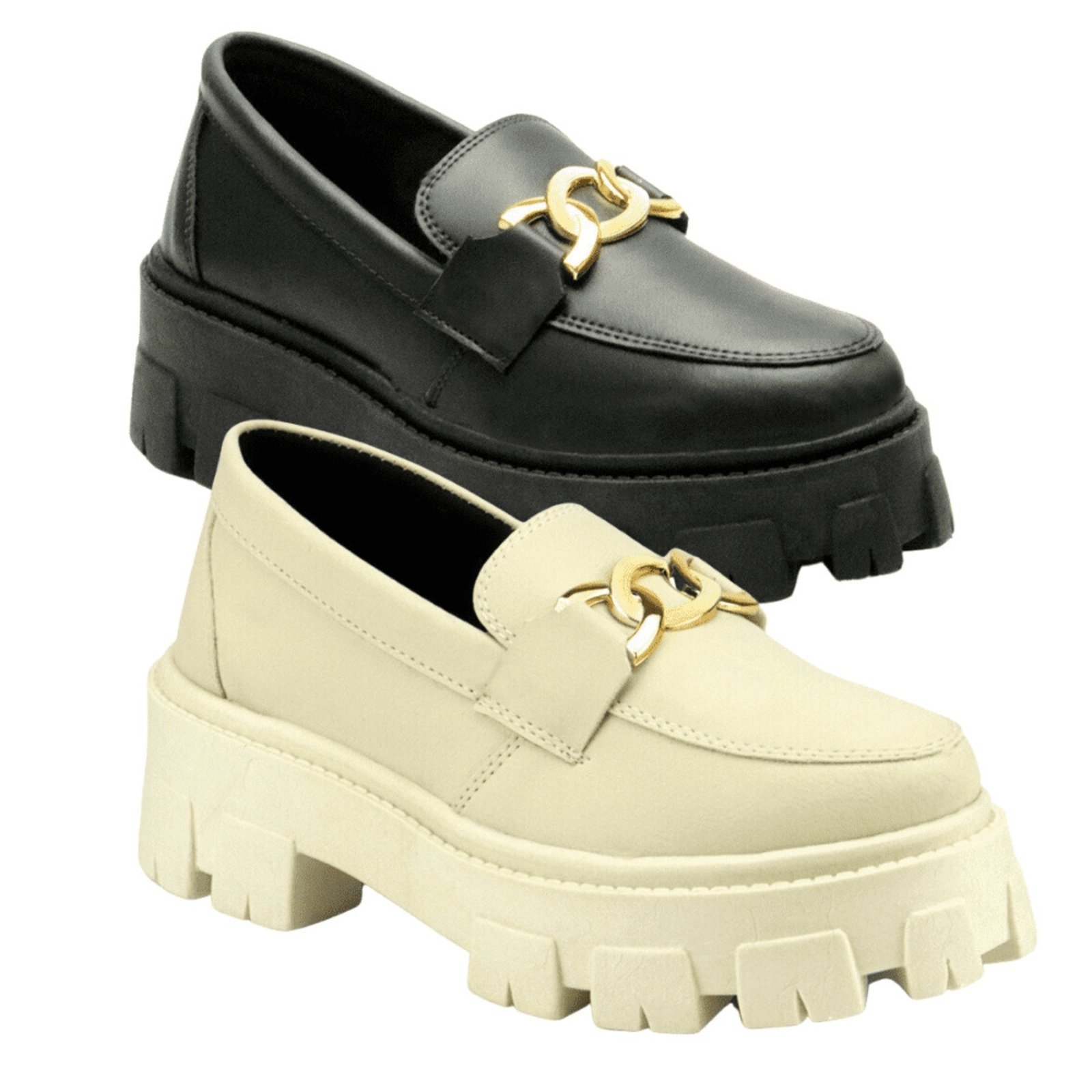 Kit 2 Mocassim Tratorado Feminino Oxford Plataforma Com Metal Blogueira Leve GuGi 403-GG Marfim e Preto