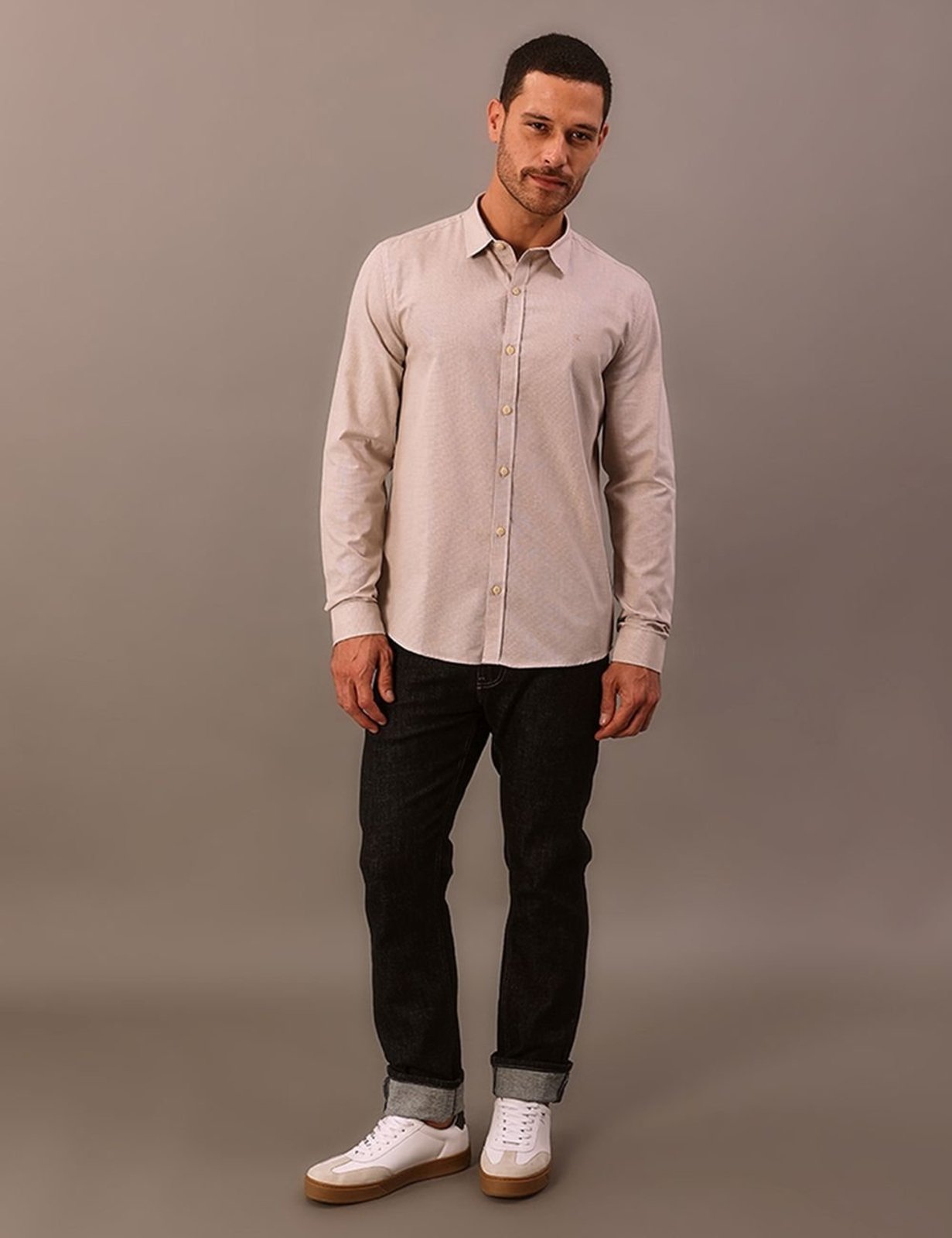 Camisa Manga Longa Slim Calvin Klein Jeans Micro Vichy - Caqui Claro Calvin Klein Jeans