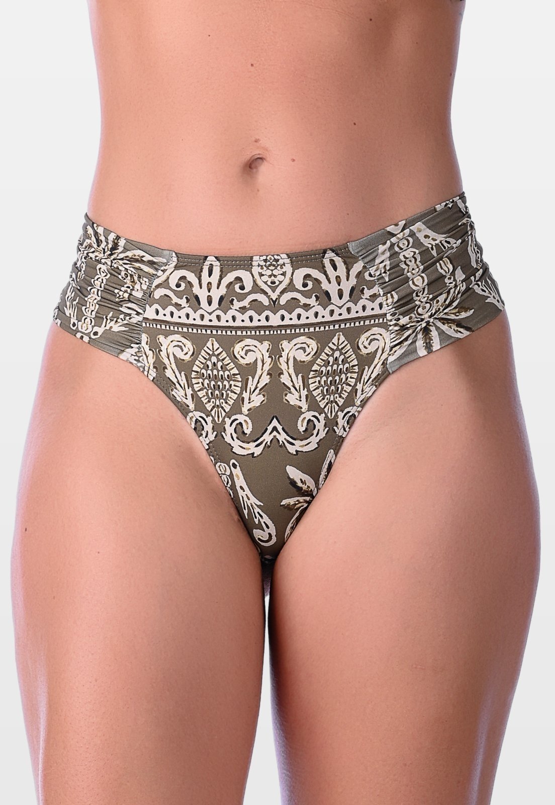 Calcinha de Biquíni Summer Soul Fio Dental Duplo Franzido Lateral Folhagem Verde
