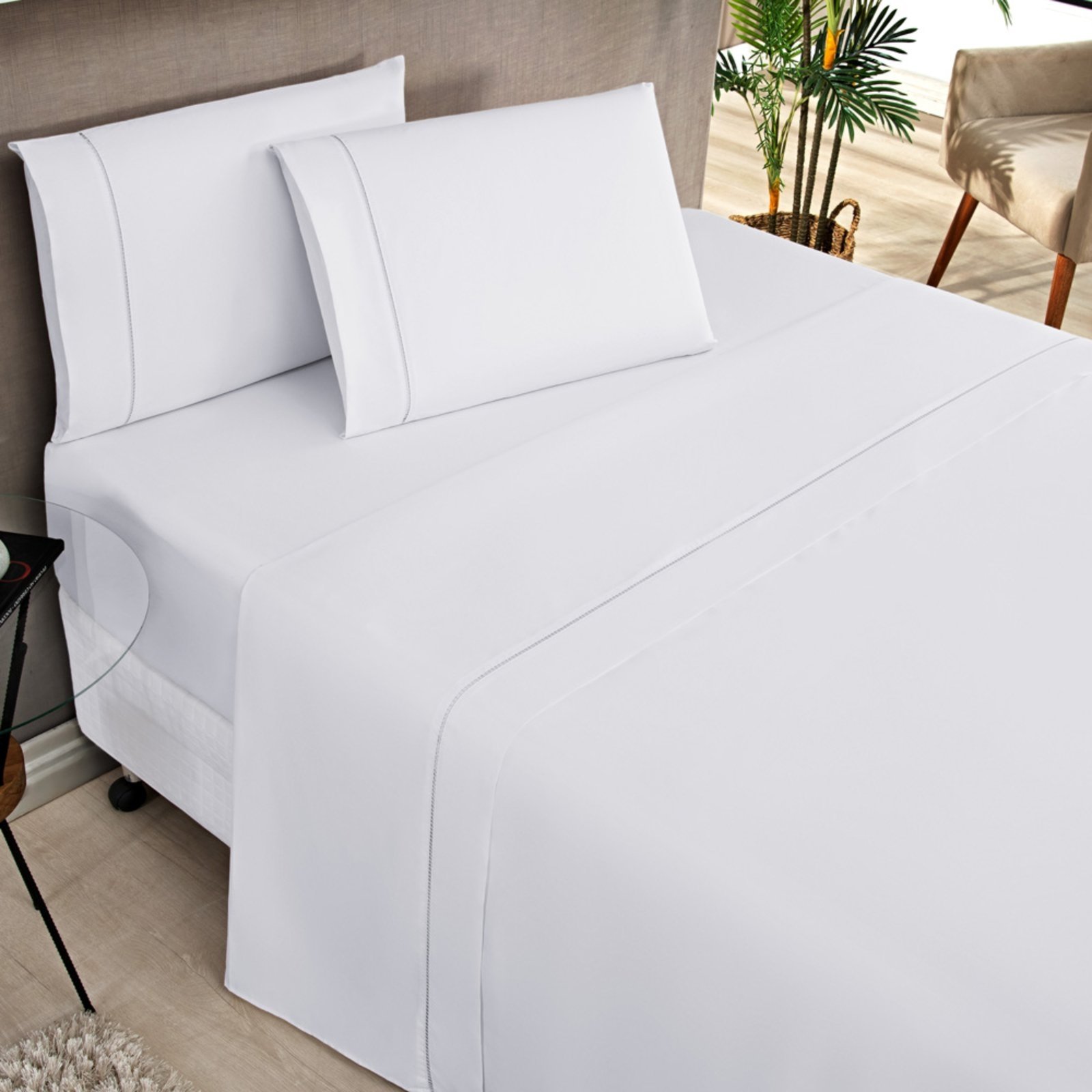 Jogo Cama Lençol Casa Scarpa Home Basic King 180 Fios c/ Ponto Palito 4 Peças - Branco