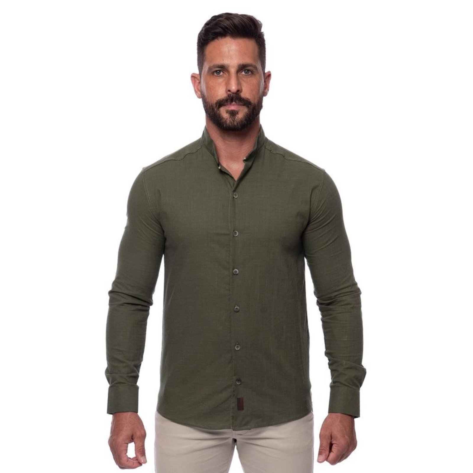 Camisa Masculina Linho Manga Longa Gola Padre Lisa Casual Azul Claro G Verde