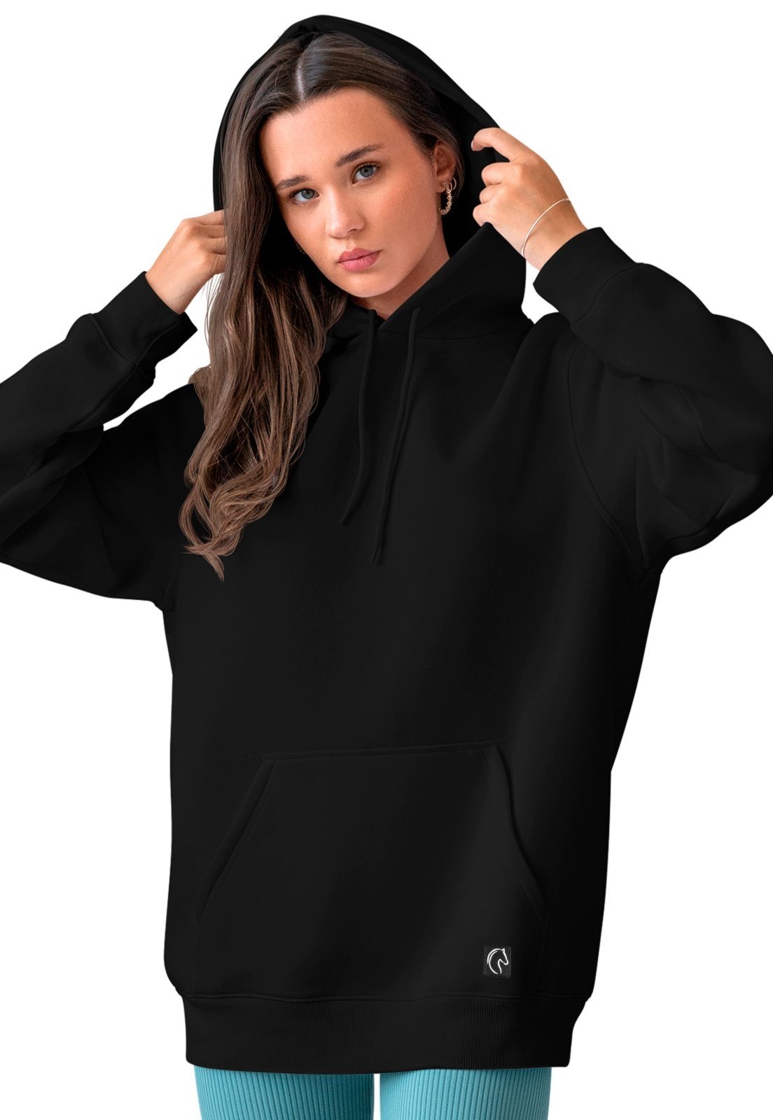 Blusa De Frio Feminina W2 Moletom Liso Com Capuz e Bolso Canguru Felpado Preto
