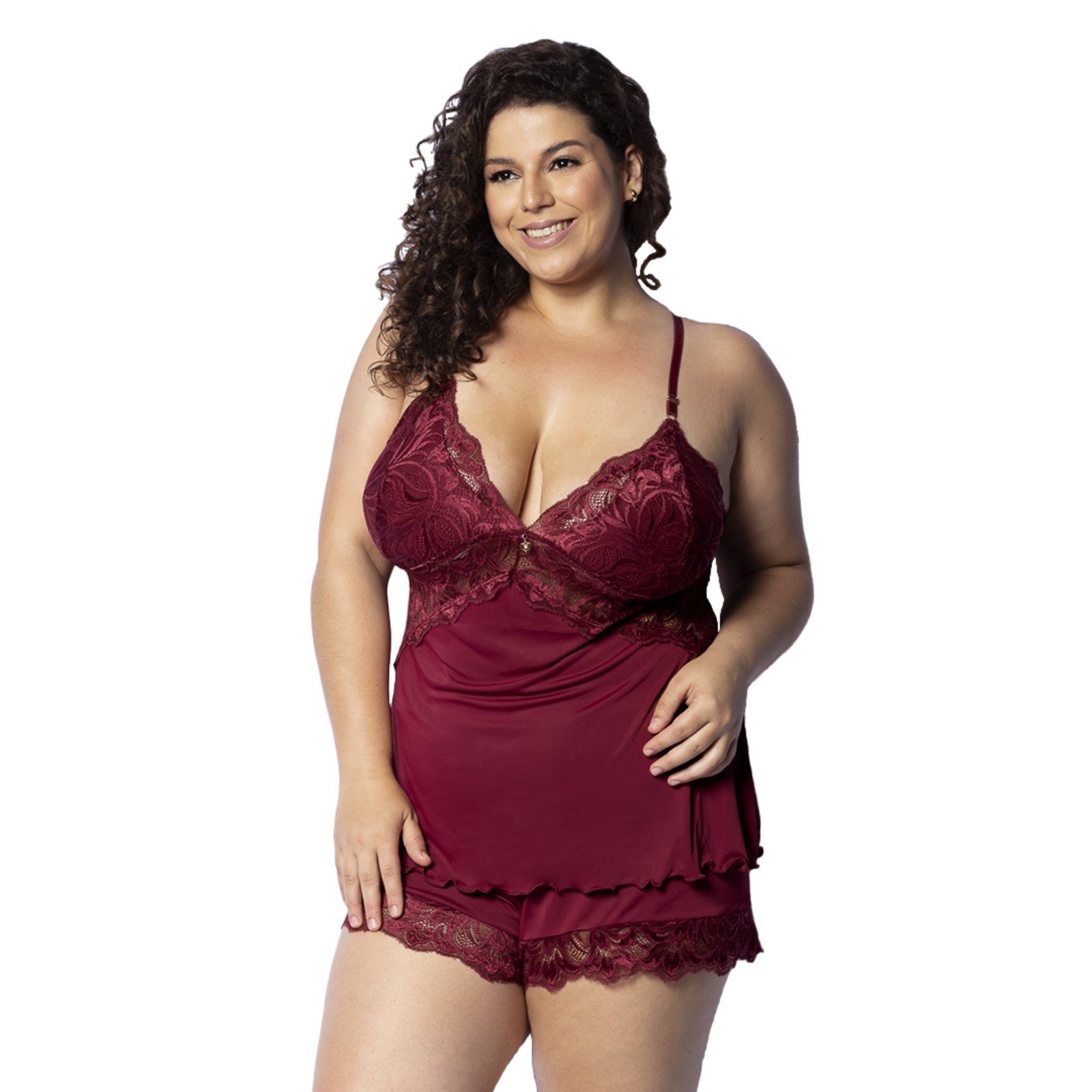Baby Doll Plus Size Gabi Lingerie Pijama Curto Feminino Short Sexy Renda Rubro