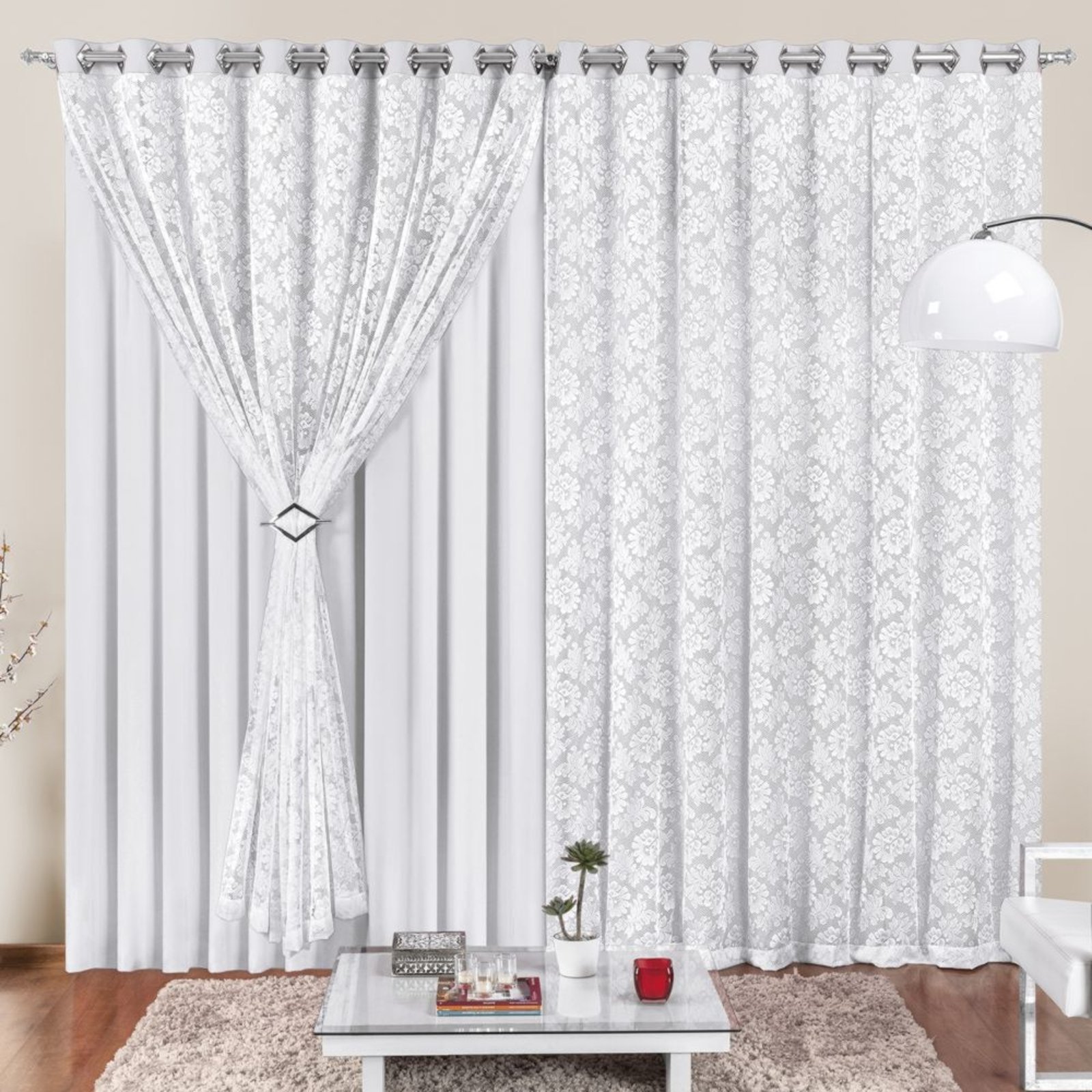 Cortina 4 Mt Sala Quarto Renda com Malha para Trilho Suisso Baratissima Branca - 100% Poliéster