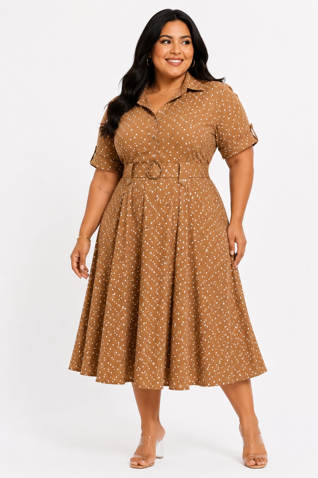 Vestido Longo Plus Size D Bell Outlet Fashion Poá Caramelo