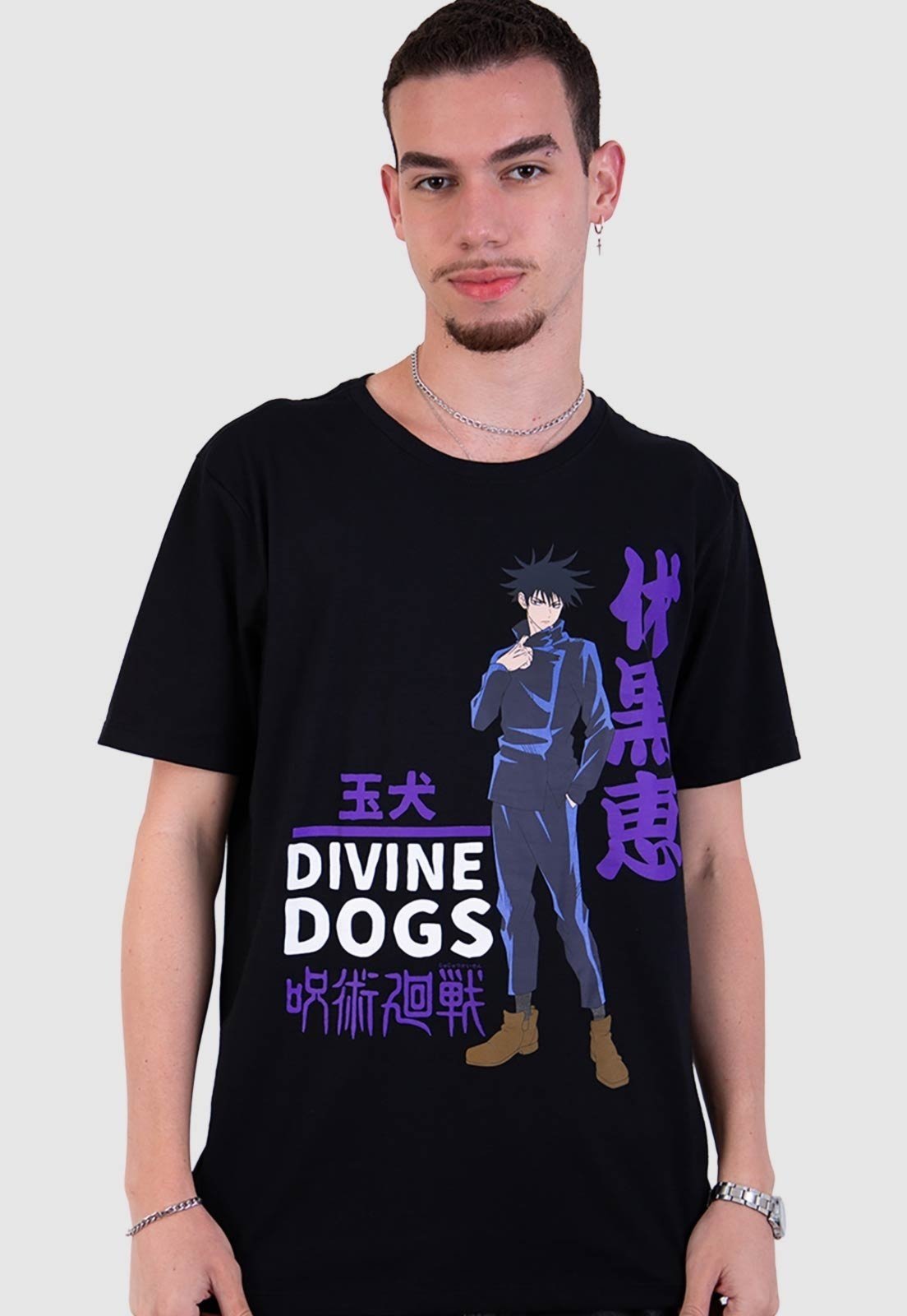 Infantil - Camiseta Piticas Jujutsu Kaisen Fushiguro Megumi Divine Dogs Preto