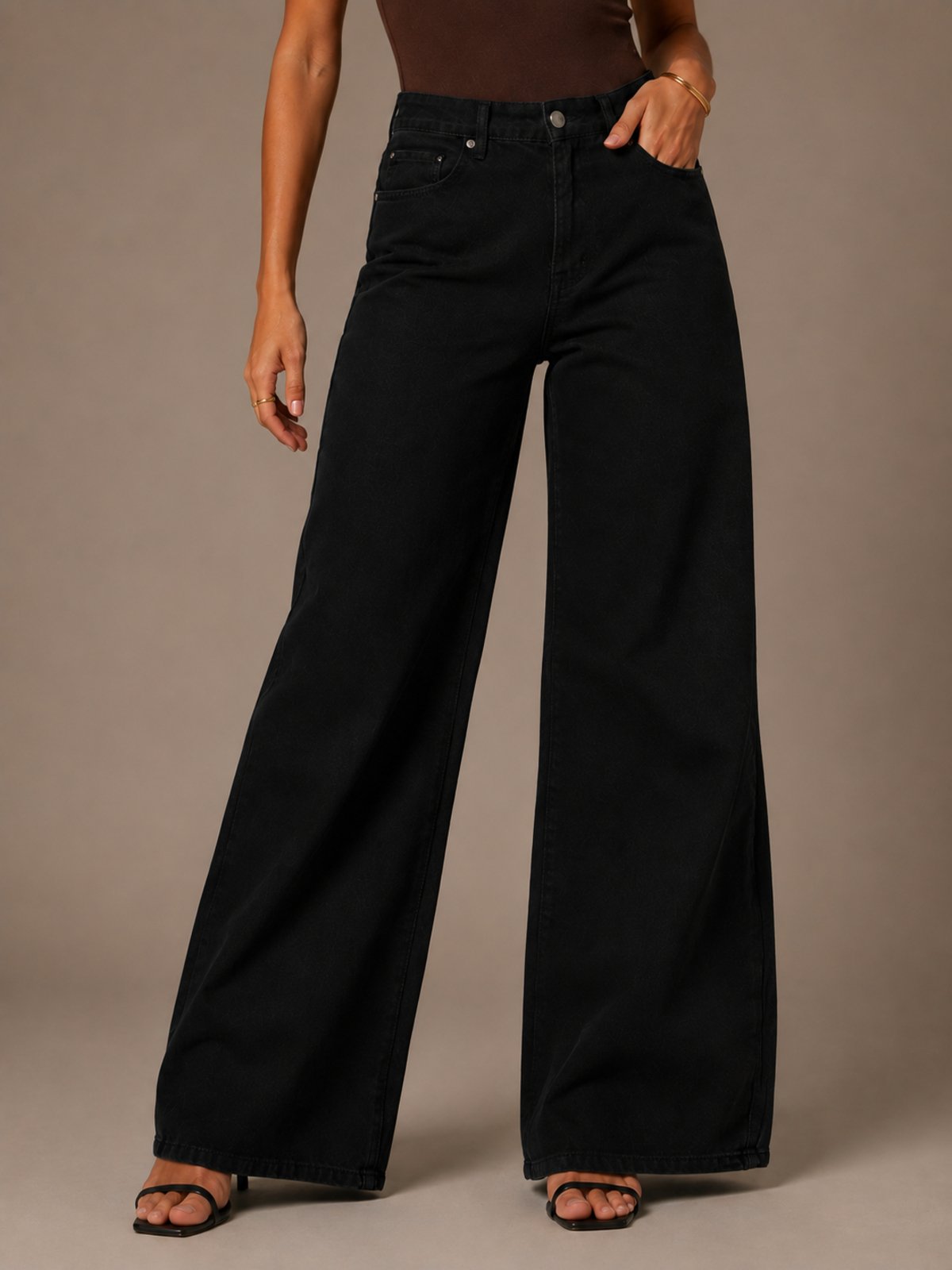 Calça Jeans Wide Leg Feminina Ethereal Preta Cintura Alta Confortável Premium