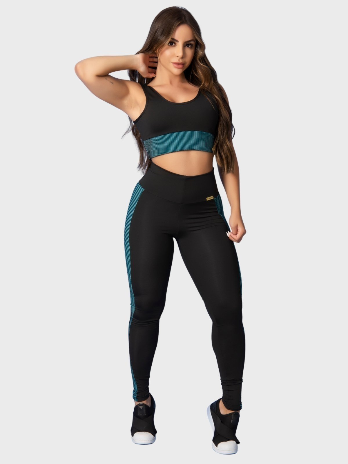 Conjunto Fitness Tarelles Top Calça Legging Detalhe 3D Preto e Azul