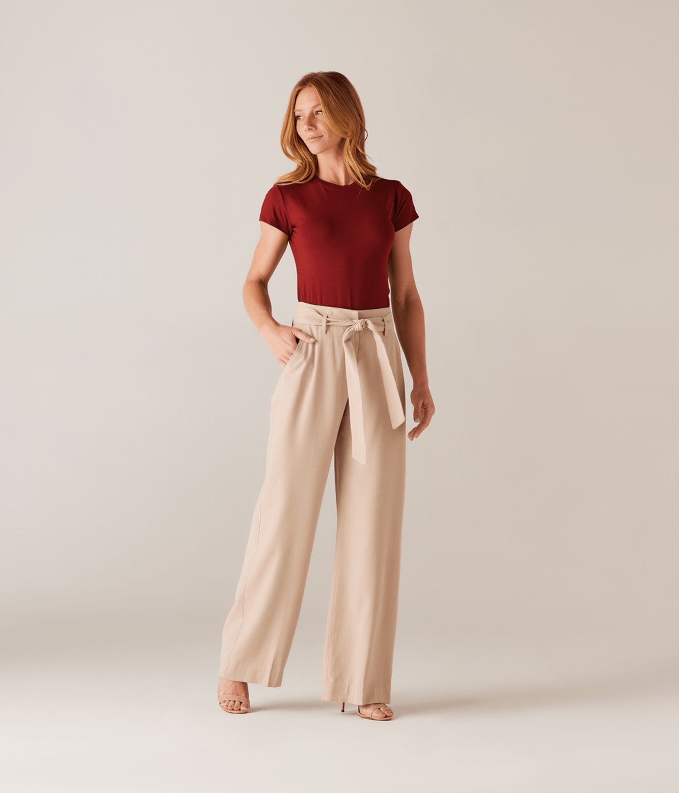 Calca Pantalona Com Faixa Feminina Bege