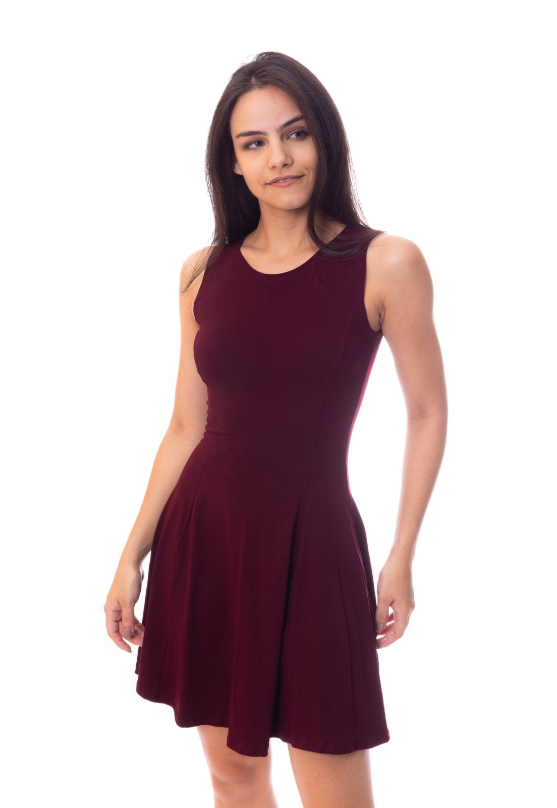 Vestido Moda Vicio Regata Godê Com Recortes Vinho