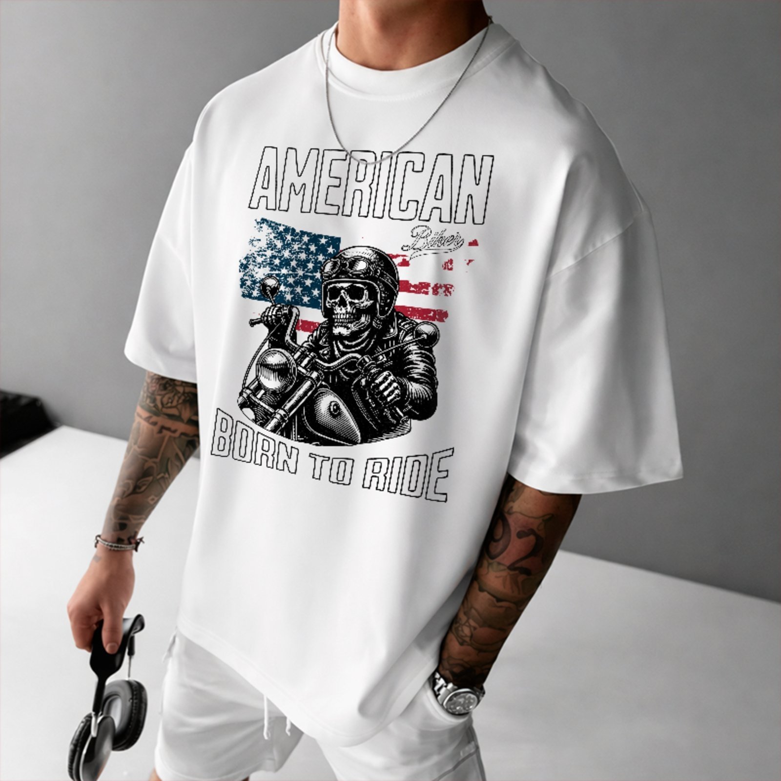 Camiseta Oversized American Born To Ride Estilo Biker Unissex Branco