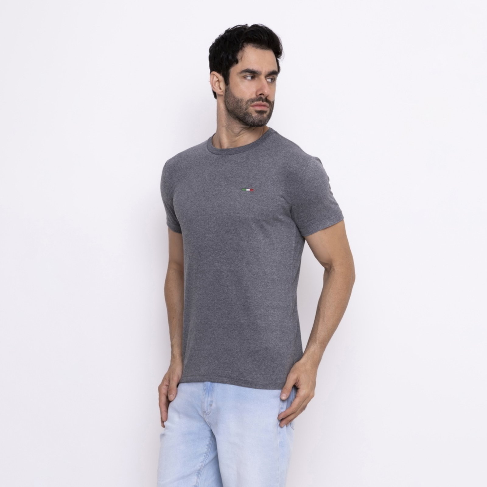 Camiseta Masculina Casual Lisa em Algodão Premium França Chumbo