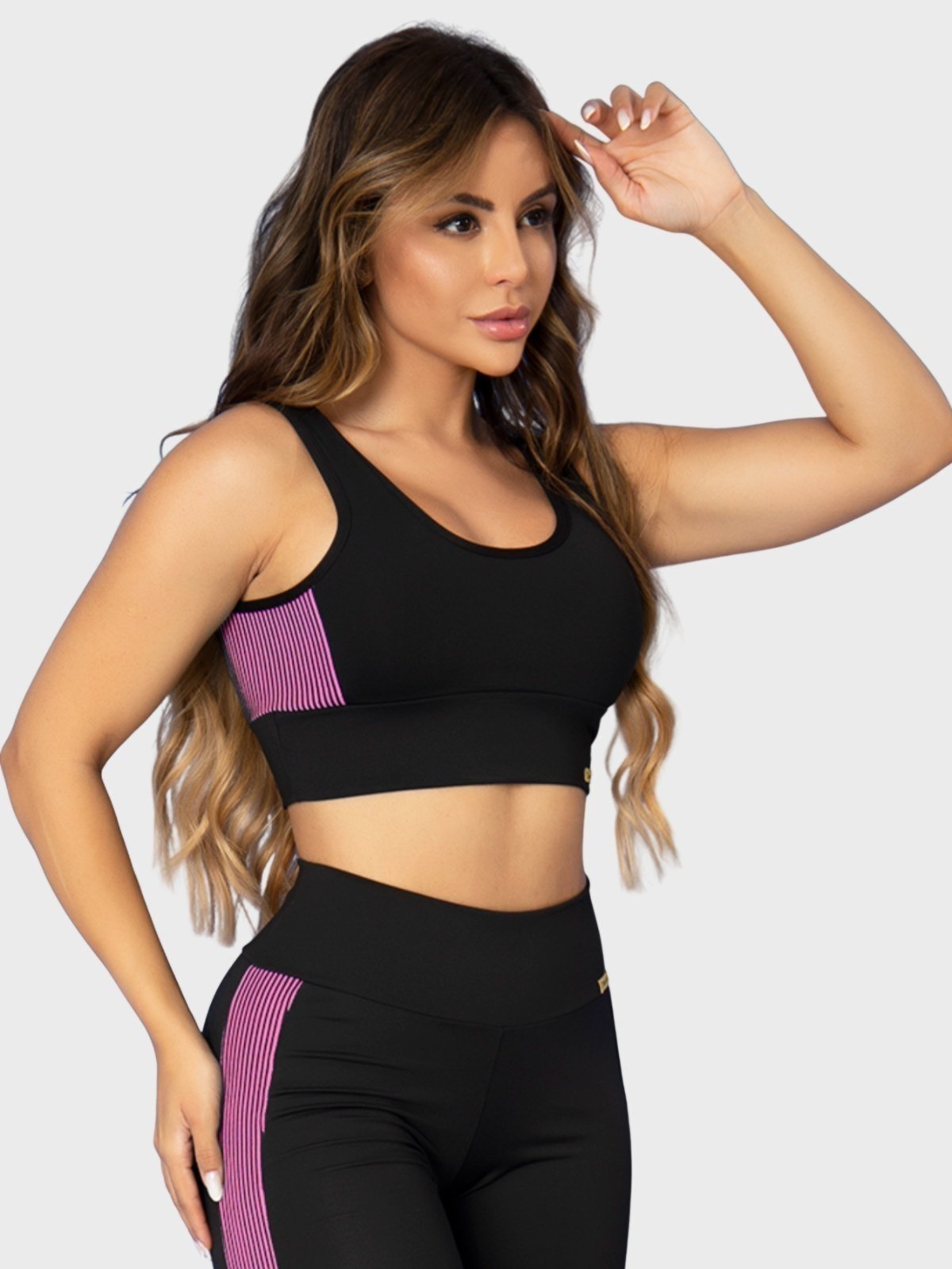 Top Fitness Tarelles Alça Larga 3D Forrado Preto e Rosa