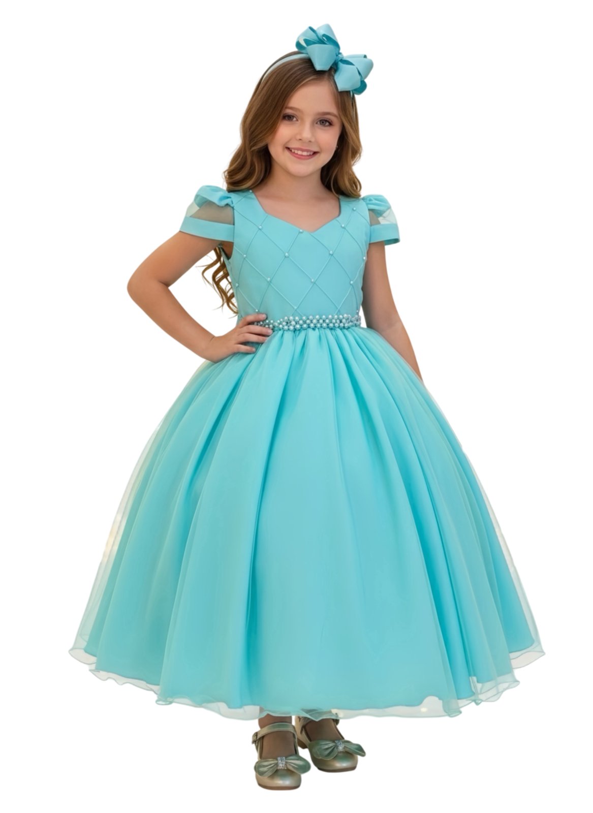 Infantil - Vestido Longo Verde Azul Turquesa Tiffany Formatura Casamento Menina Juvenil Festa Pérolas Juvenil Princesa Social Rodado Florista Dama Daminha Aniversário Luxo