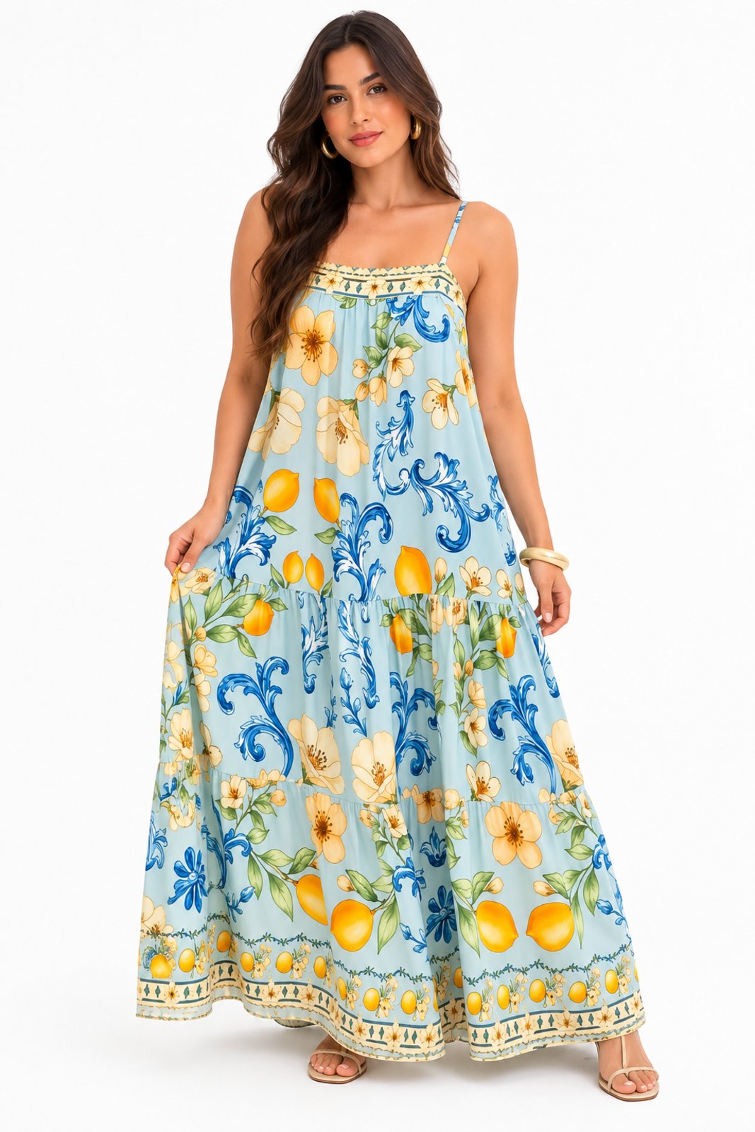 Vestido Longo D Bell Outlet Fashion Alça Fina e Recorte Franzido Azul Céu