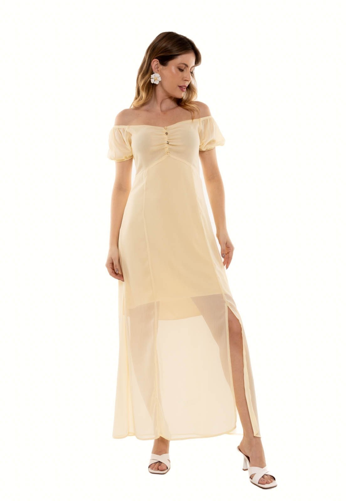 Vestido Bisô Chifon Longo Fendas Amarelo – Amarelo