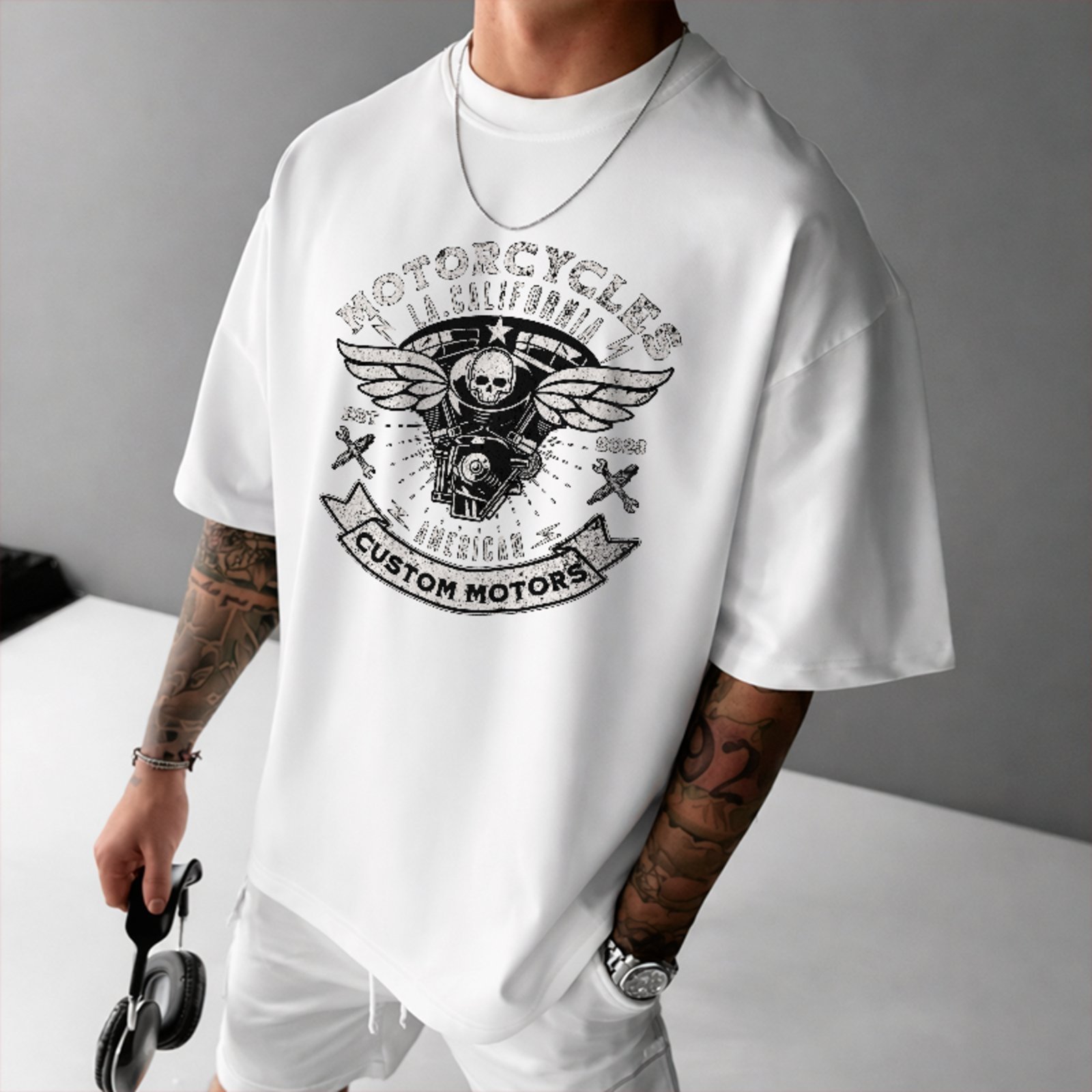 Camiseta Oversized Premium American Custom Motors Vintage Unissex Branco