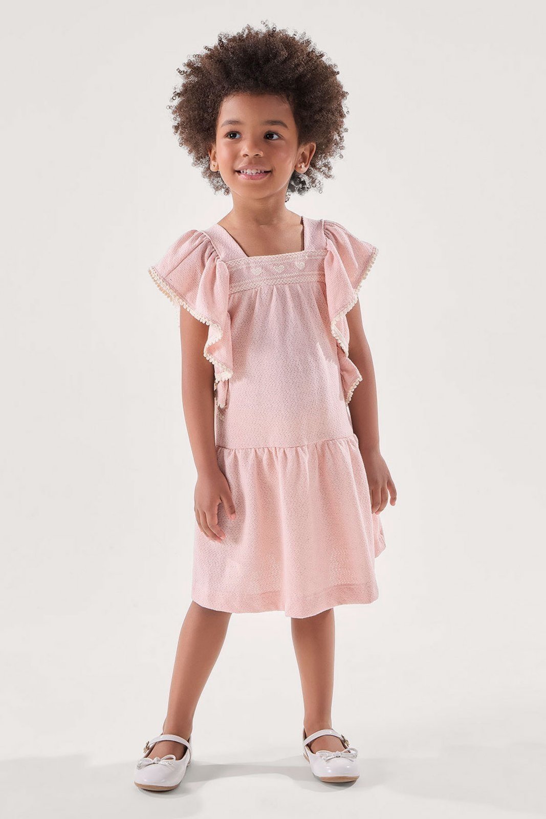 Infantil - Vestido Rosa em Malha Texturizada com Pala Bordada