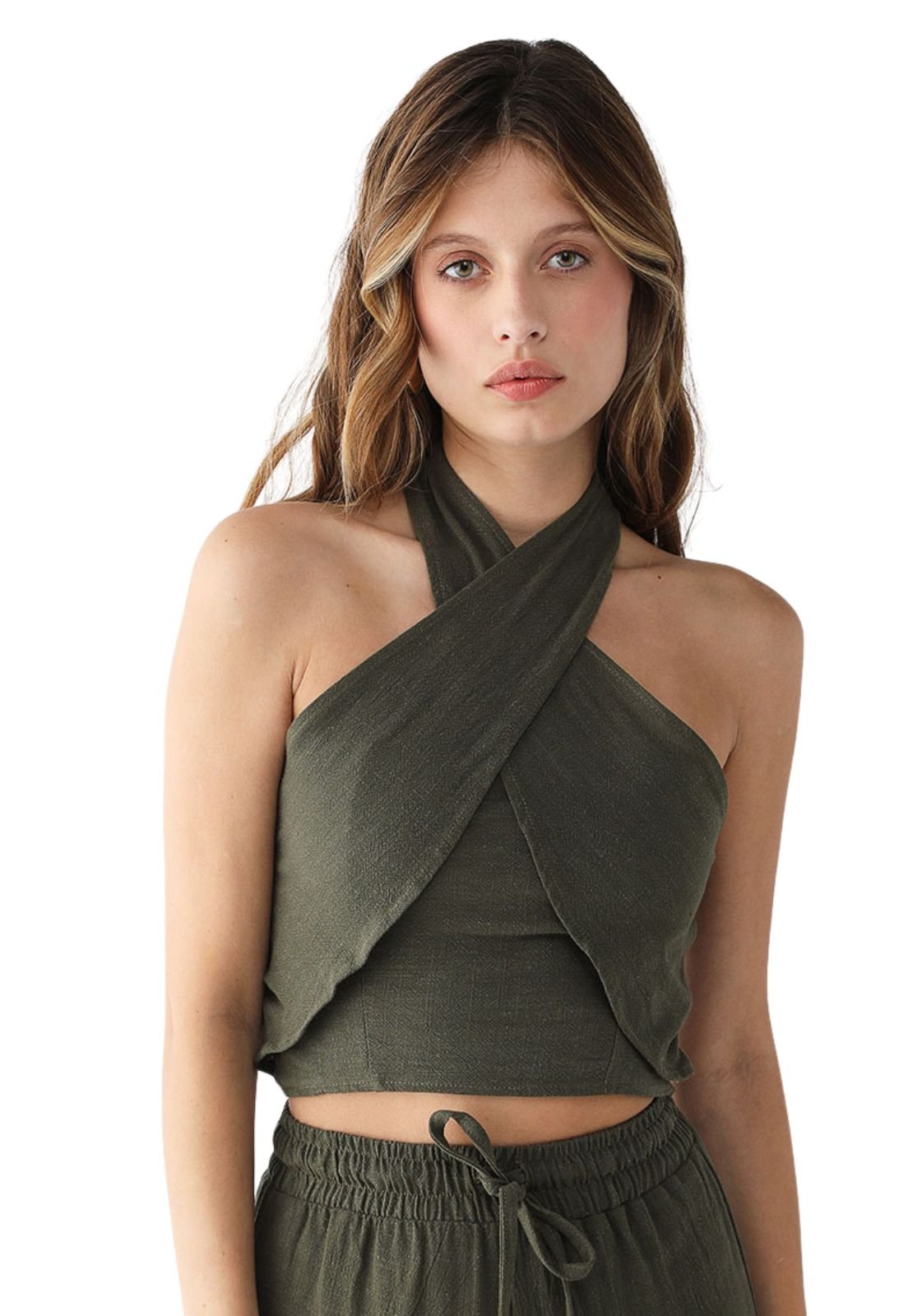 Blusa Cropped Levosch De Linho Multiformas Verde Militar