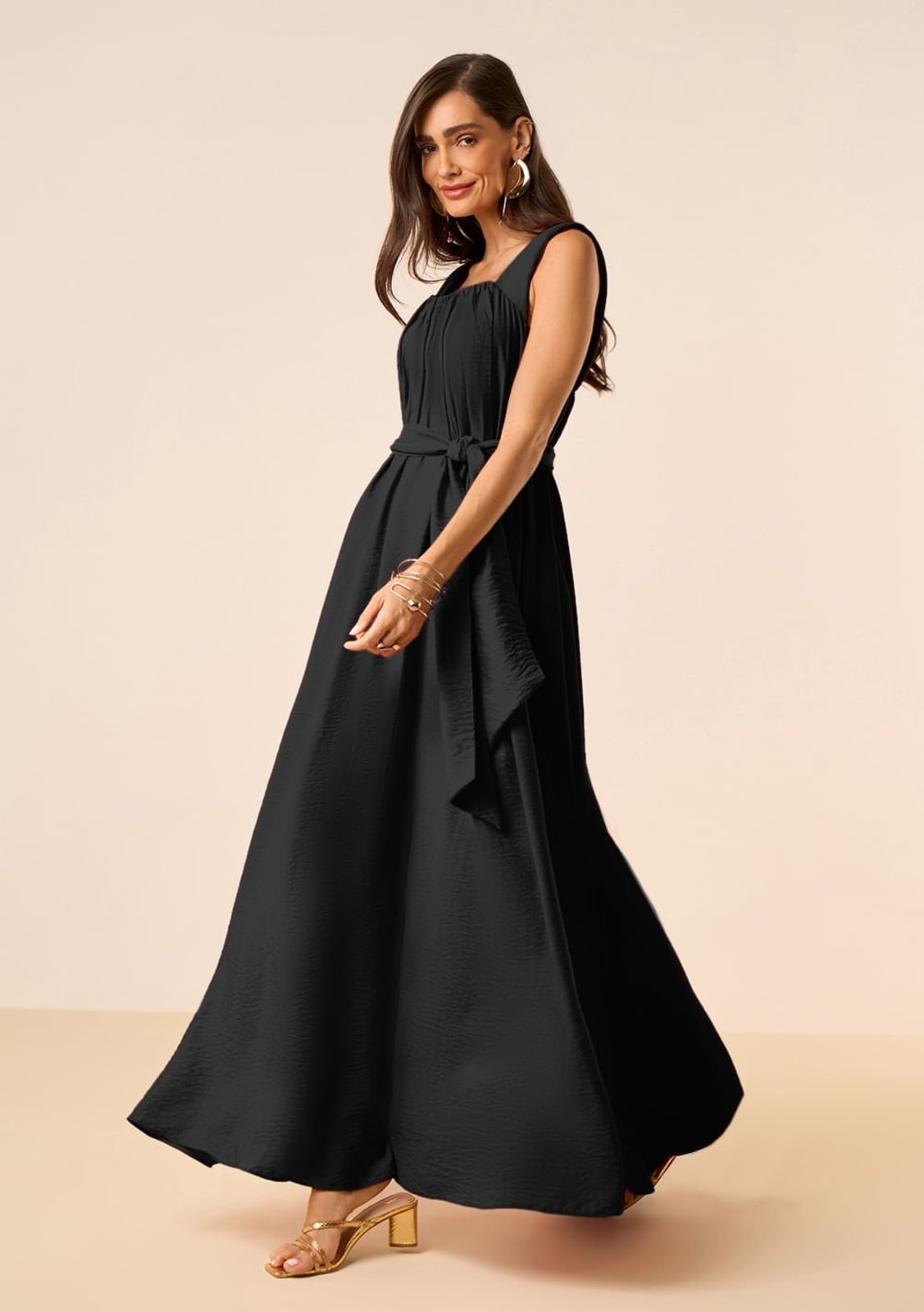Vestido Maria Valentina Solto Decote Reto Com Alça Longo Preto