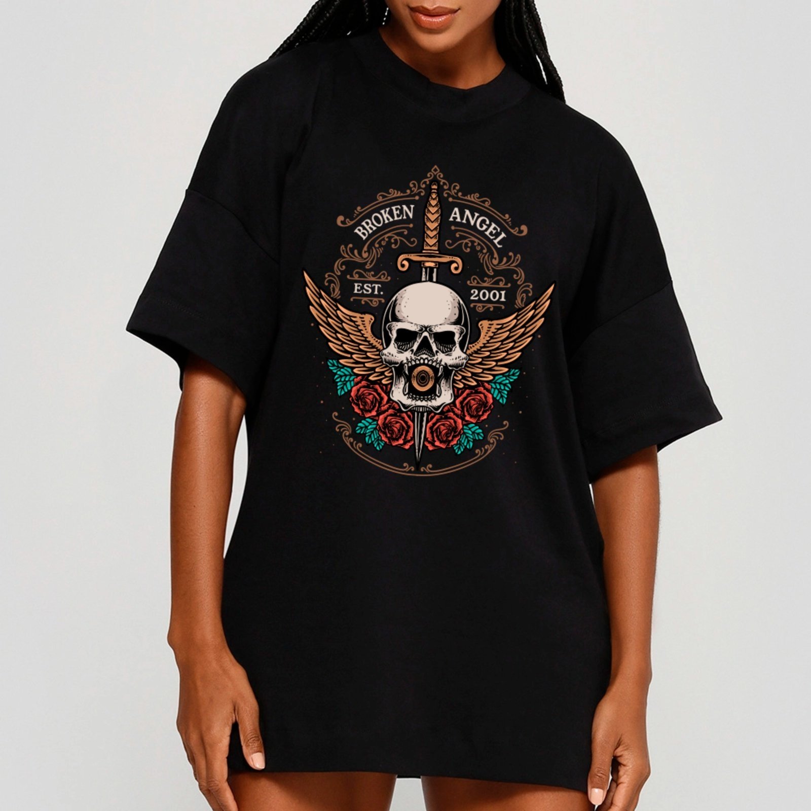 Camiseta Ousy Unissex Skull Broken Angel Streetwear Oversized Preto