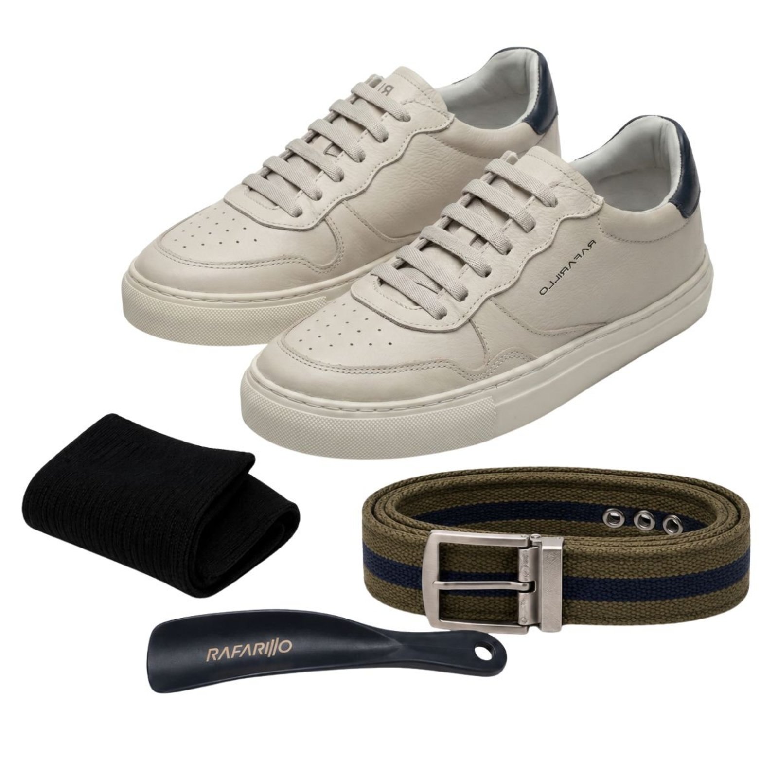 Kit Sapatênis Masculino Rafarillo em Couro Casual com Cinto Gorgurão Meia e Calçadeira