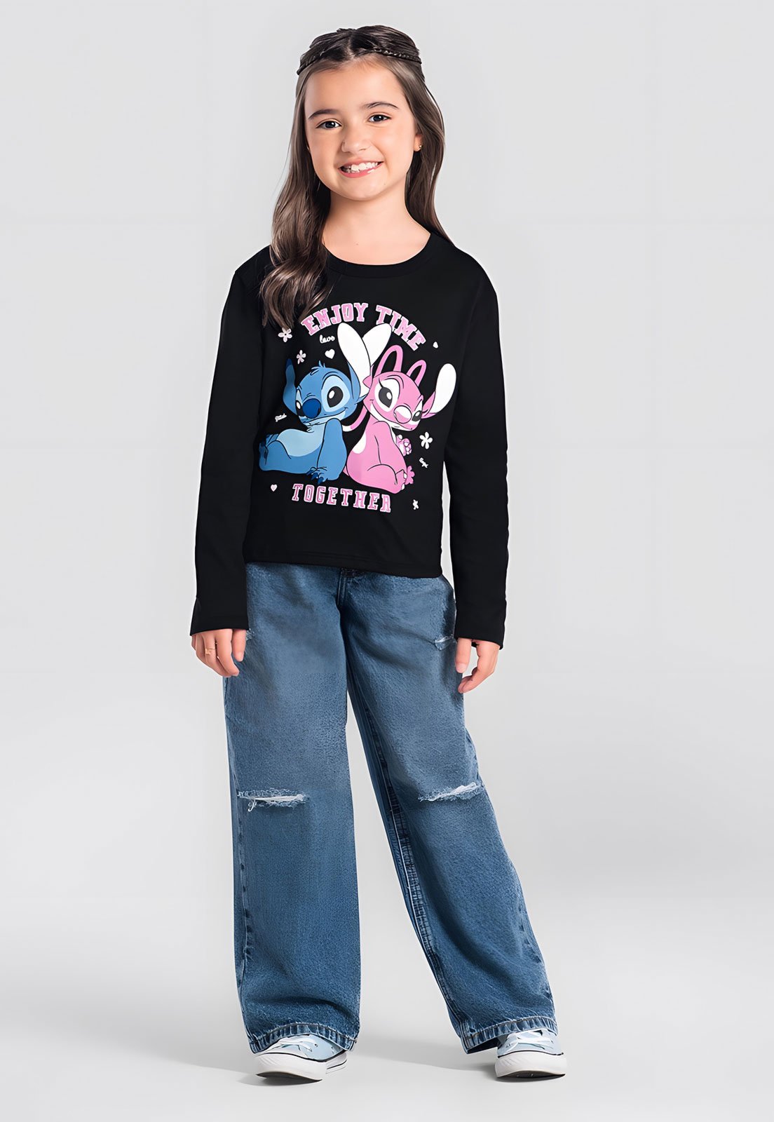 Infantil - Camiseta Brandili Estampa Stitch e Angel Preta