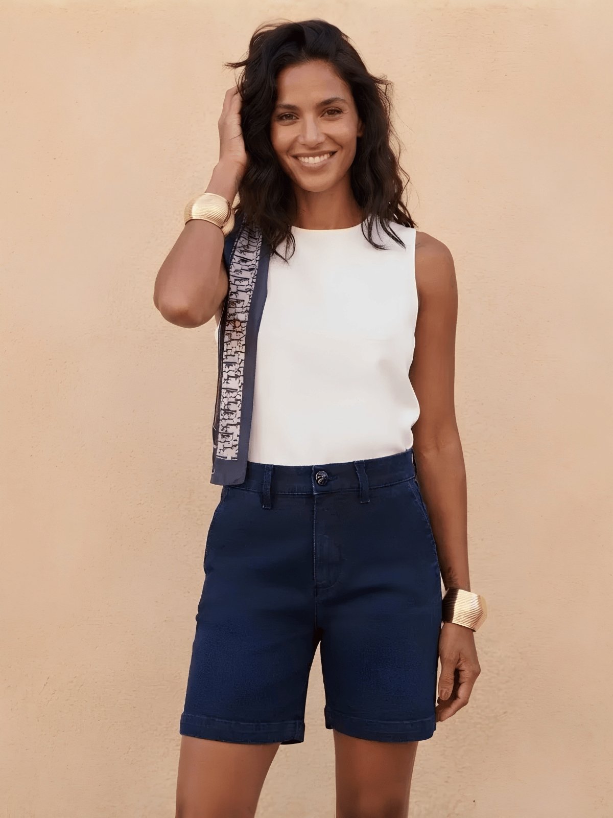 Bermuda Feminina Jeans Bolso Social Flor De Lis