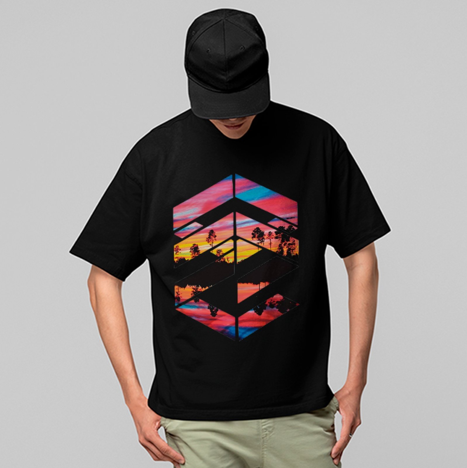 Camiseta Oversized Premium Sunset Landscape Streetwear Unissex Preto