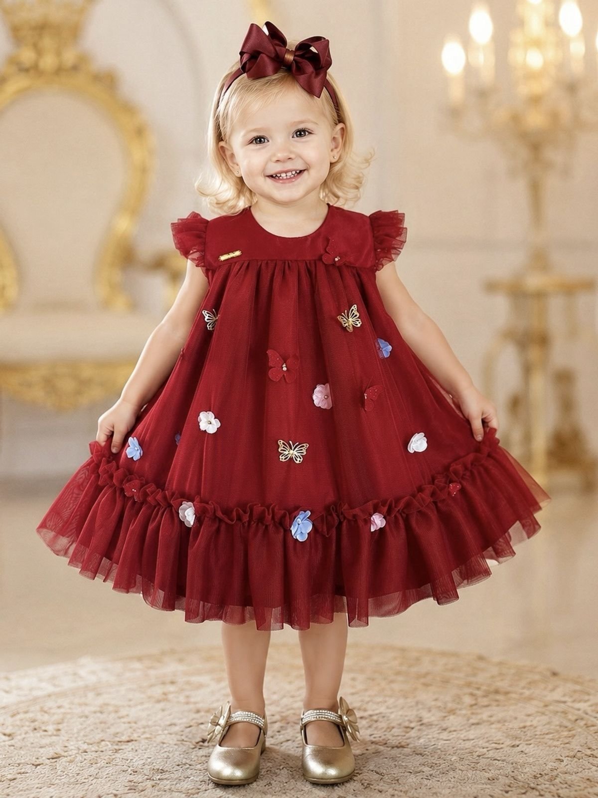 Infantil - Vestido Festa Vermelho Jardim das Borboletas Florista Casamento Dama Daminha Social Menina Pérolas Princesa Rodado Aniversário Luxo