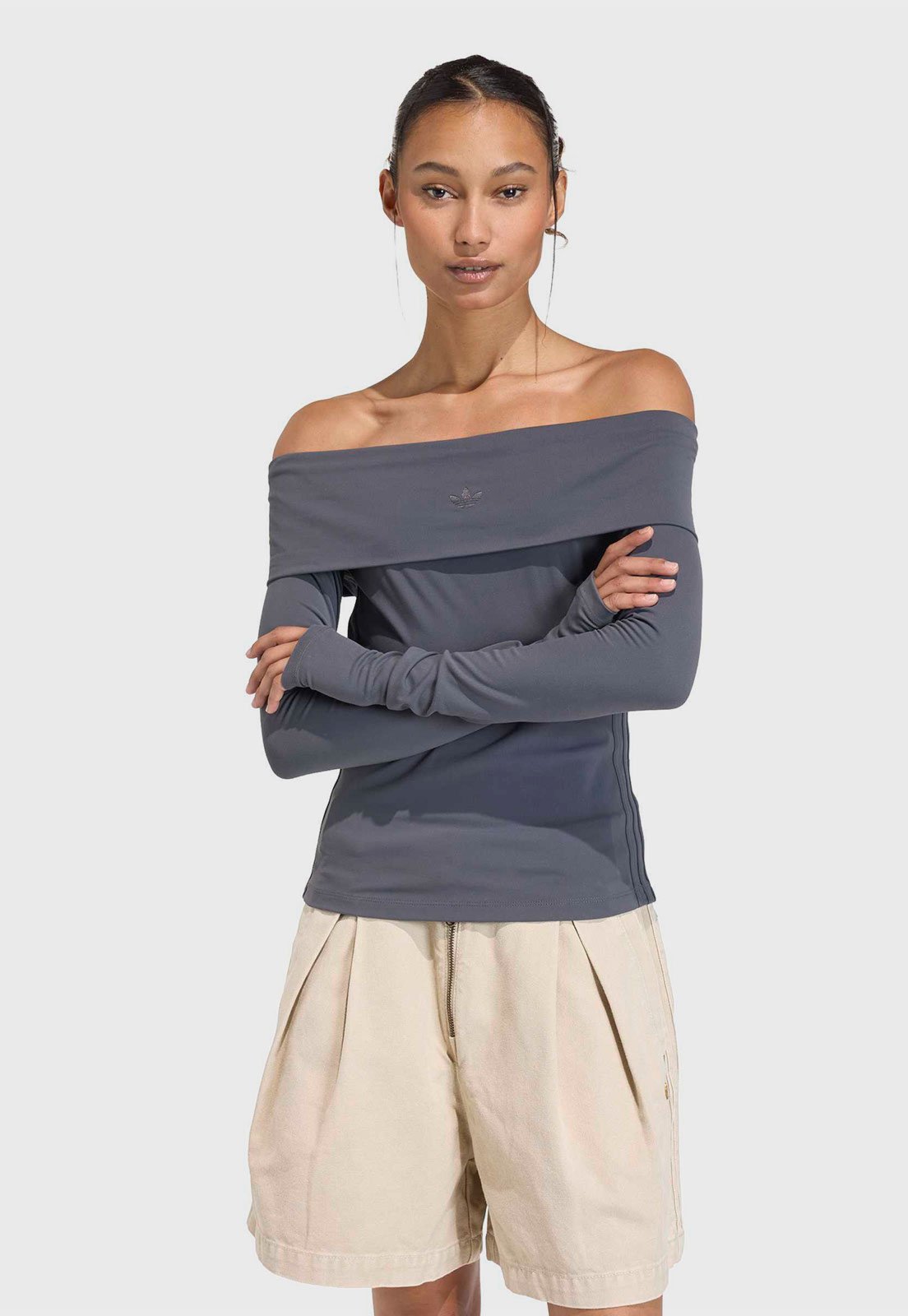 Blusa Feminina adidas Originals Ombro a Ombro Manga Longa Cinza