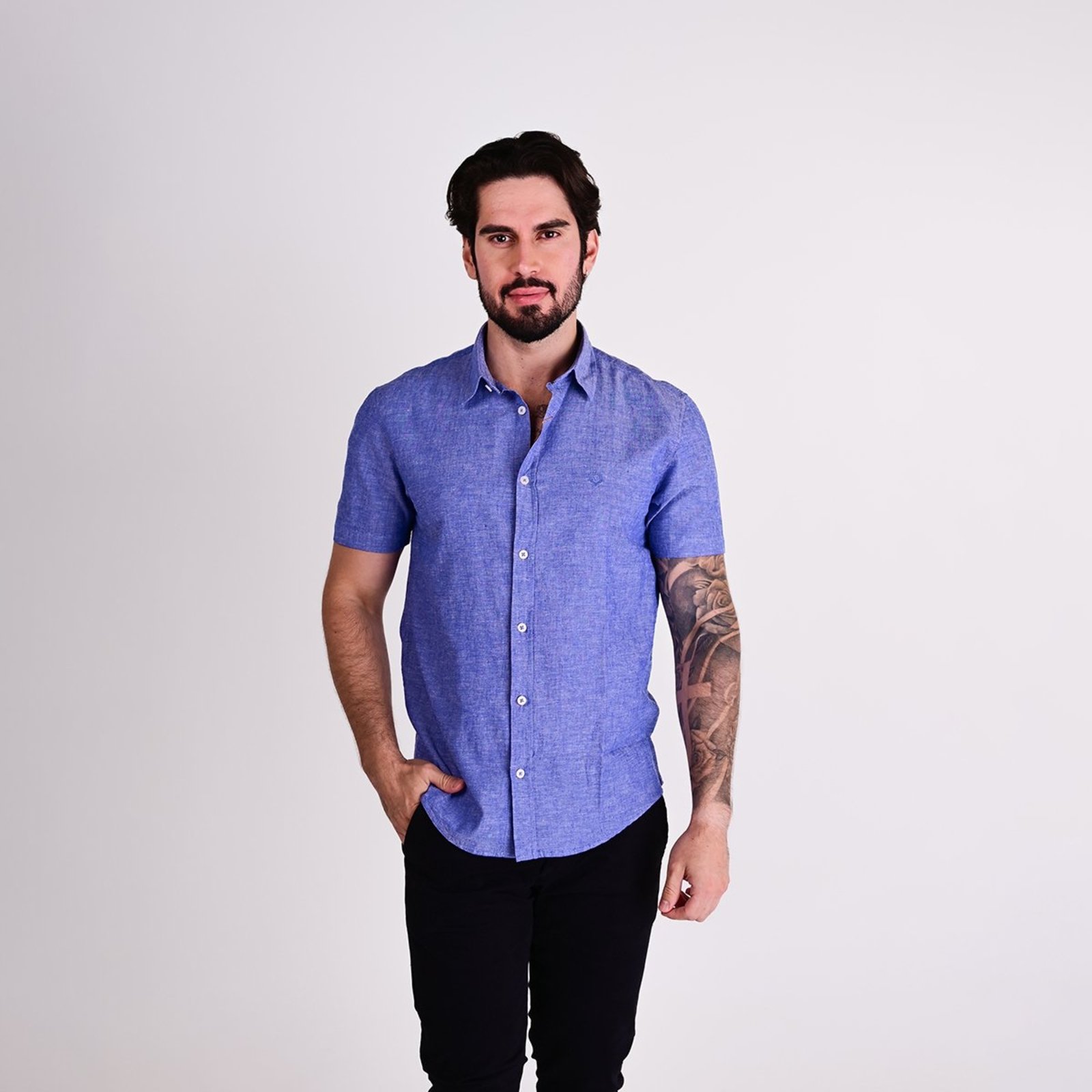 Camisa Linho Versatold Custom Manga Curta Azul Jeans