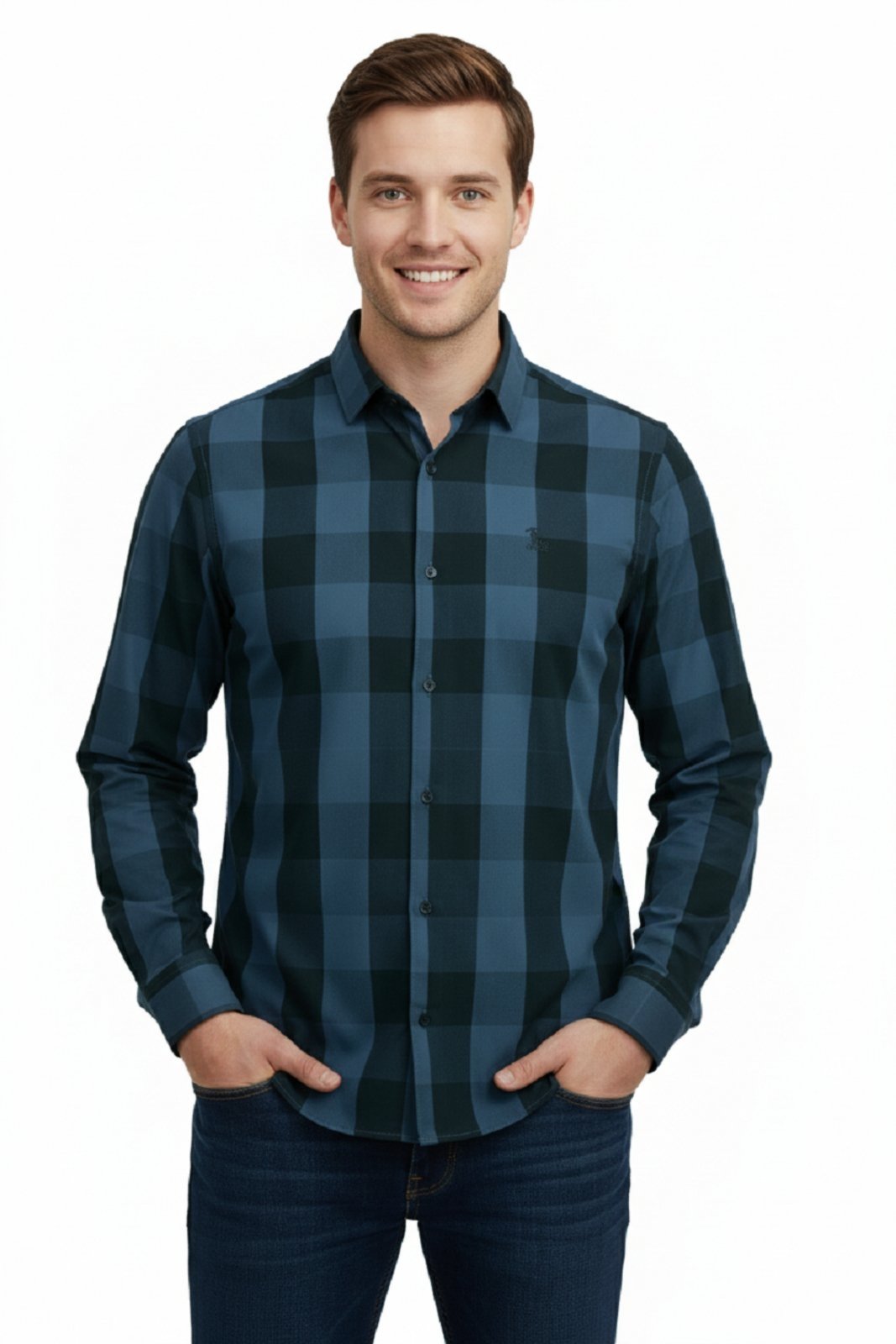 Camisa Manga Longa Amil Modelagem Slim Tecido Algodão Xadrez Clássico Chumbo 1899 6