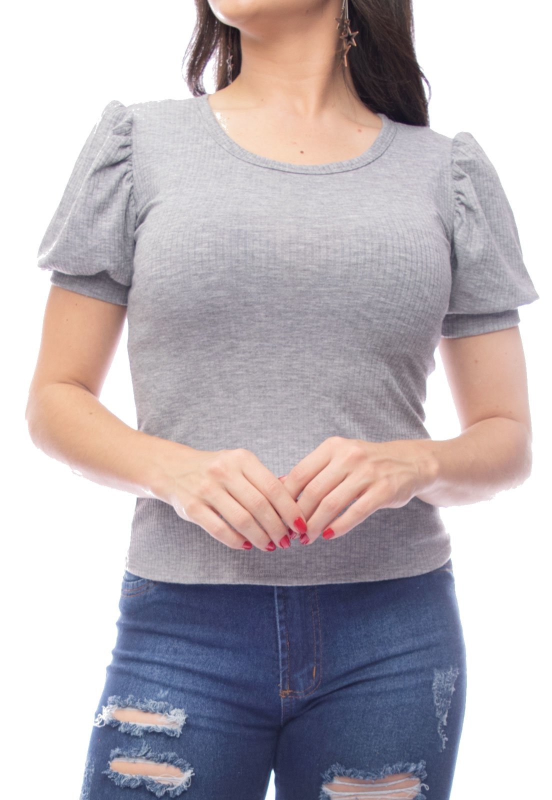 Blusa Feminina Manga Curta Canelada NSTORE Princesa Moda Verão Cinza