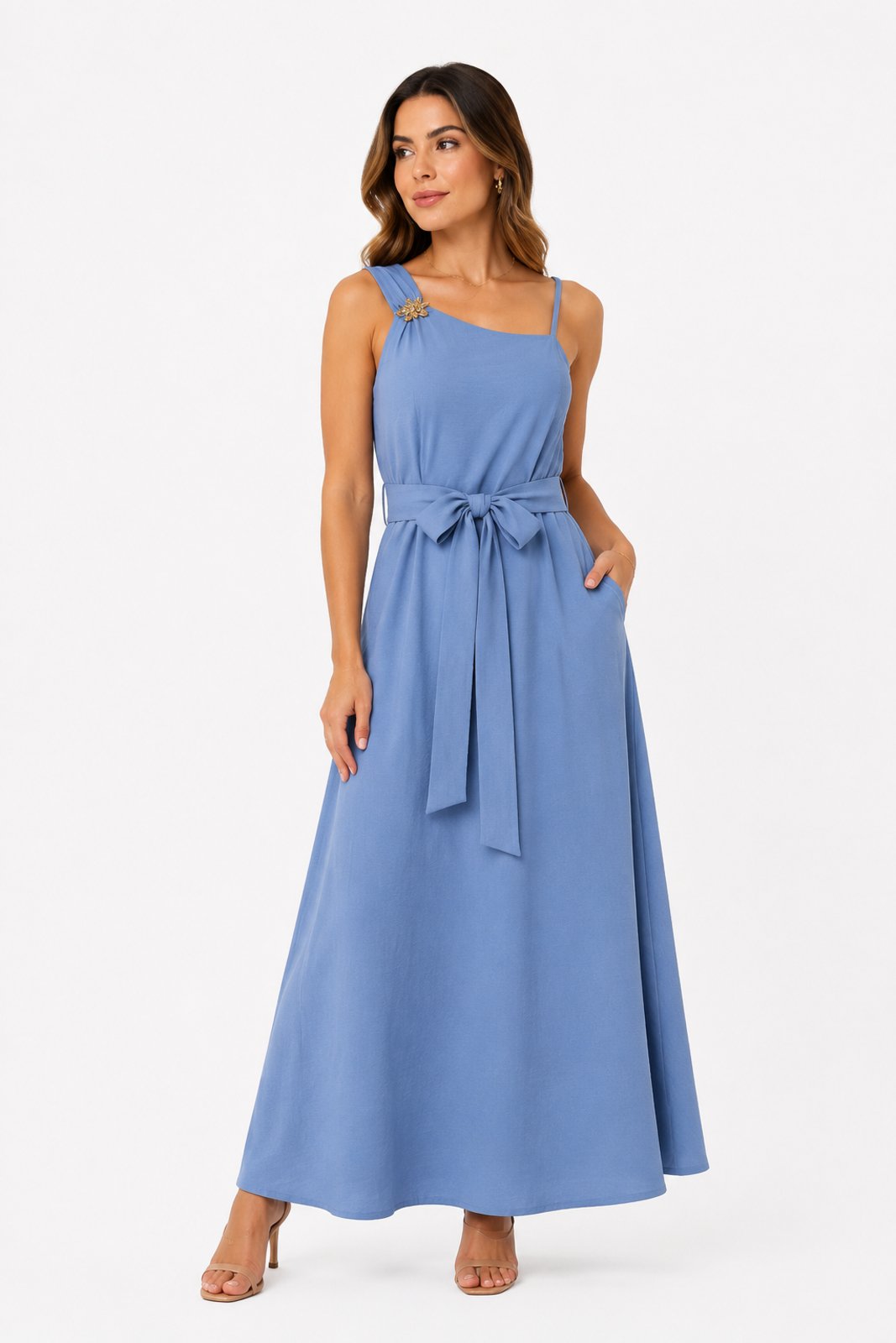 Vestido Longo D Bell Outlet Fashion Laço Detalhe Dourado Azul