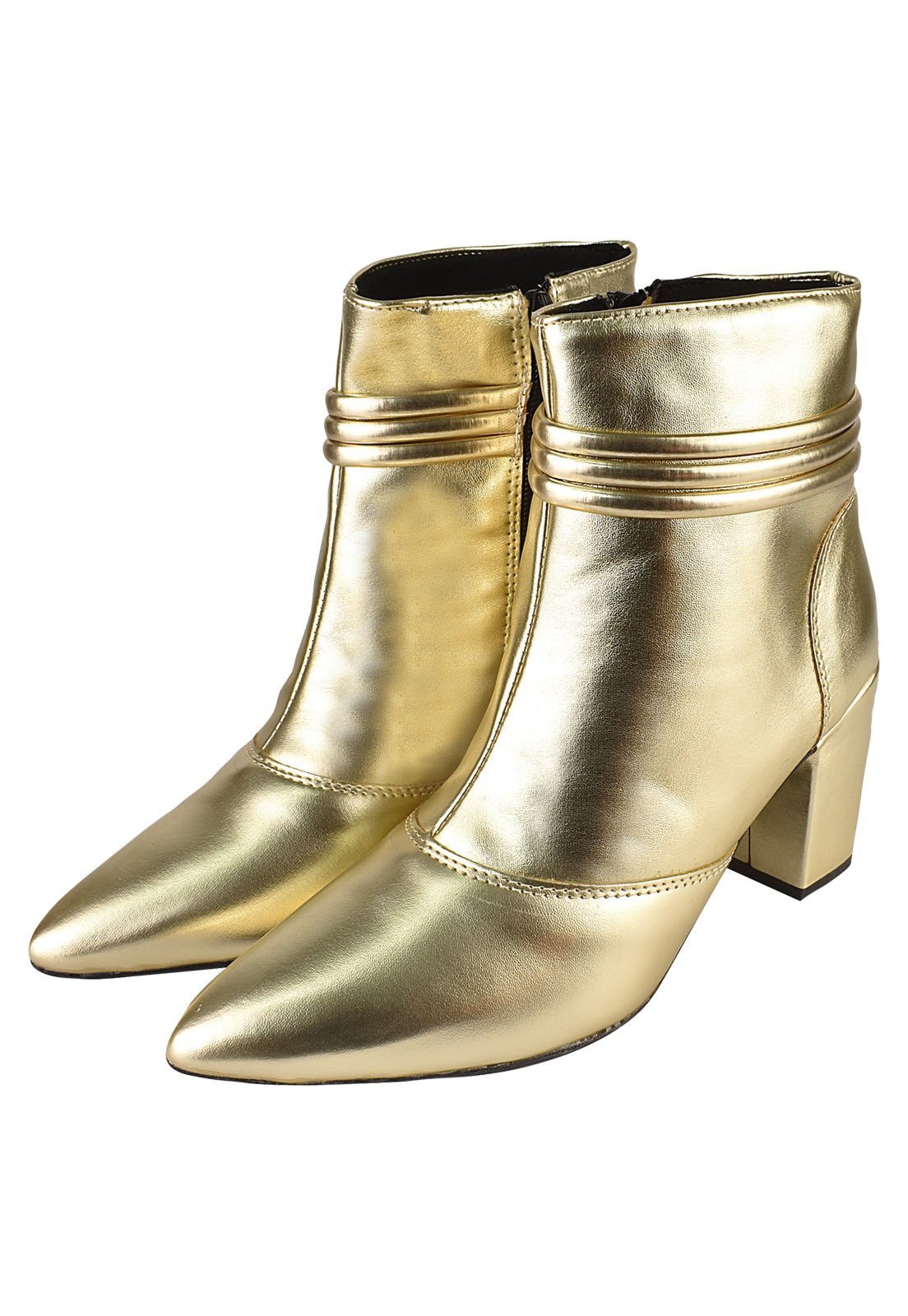 Bota Cano Curto Rosa Chic Calçados Bico Fino Salto Alto Zíper Feminino Dourado