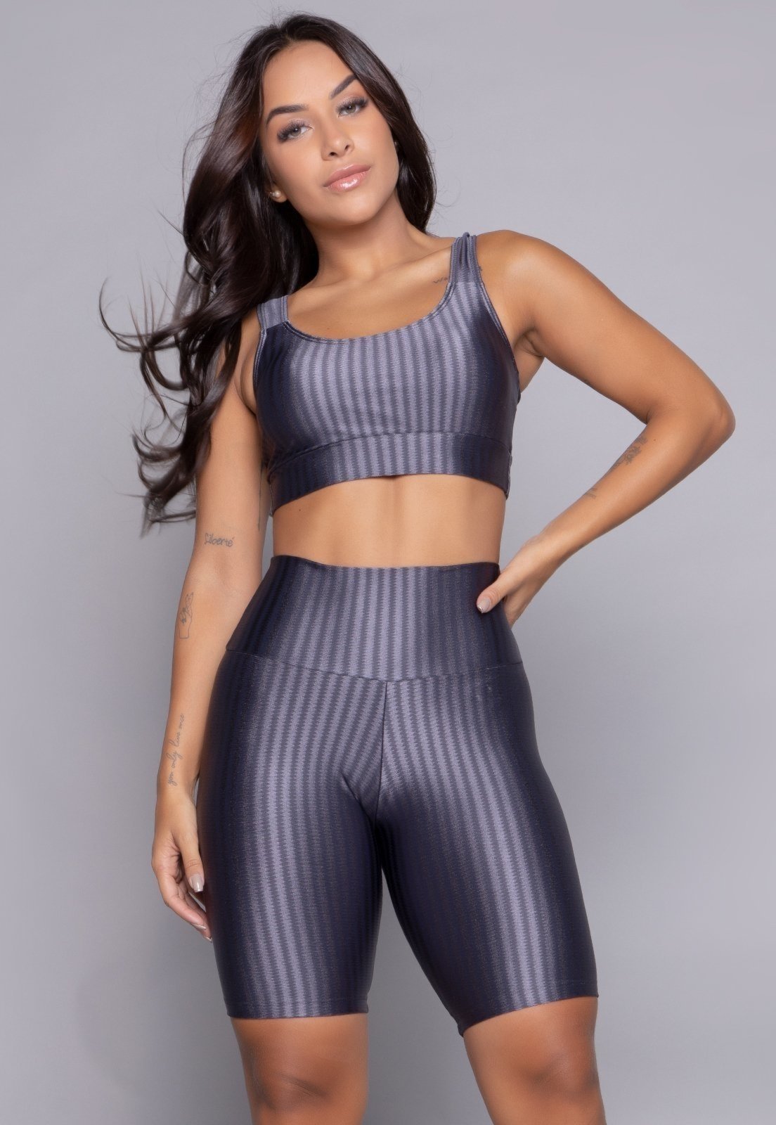 Conjunto Fitness Serra e Mar Modas Top Bojo Removível e Bermuda New Zig 3D Rosa