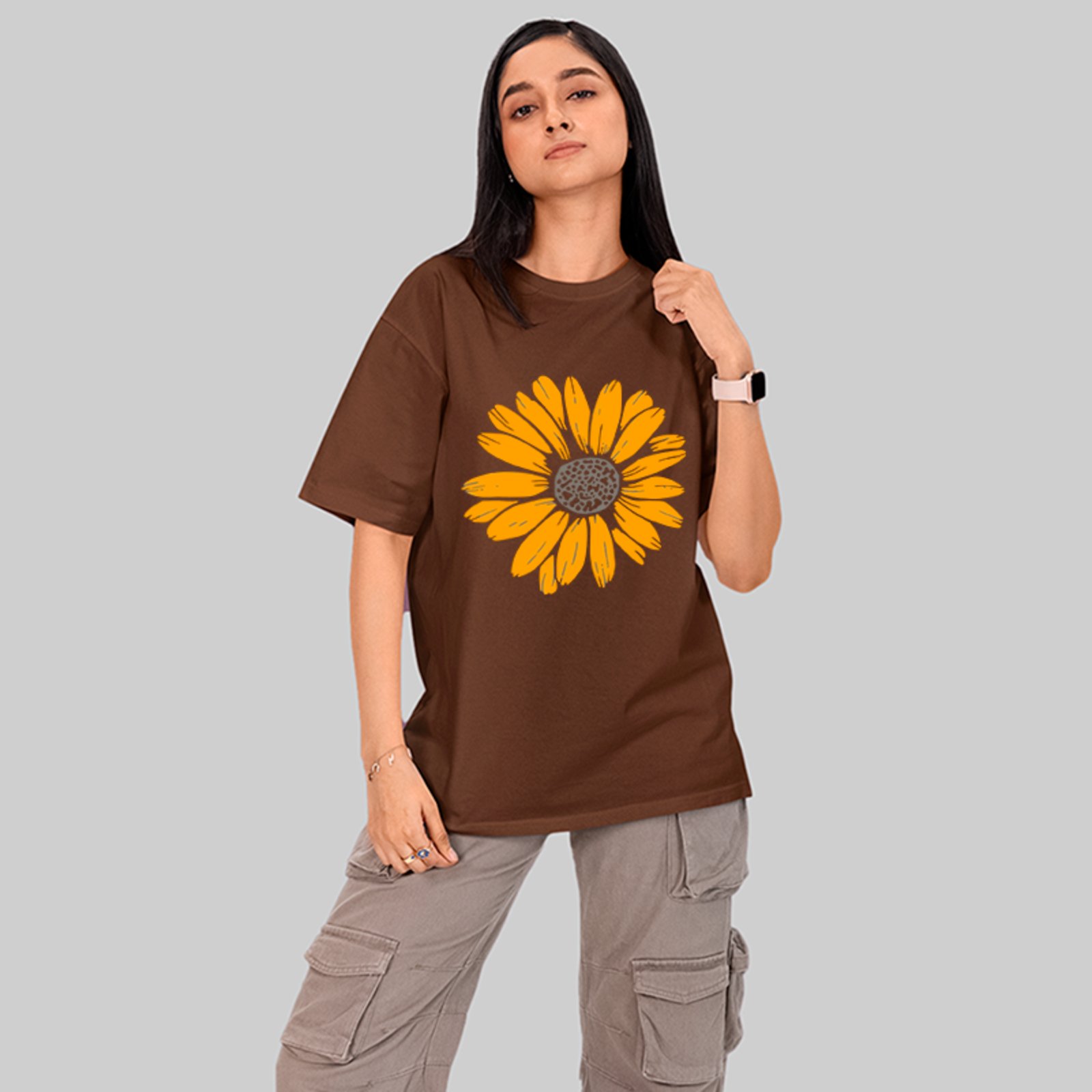 Camiseta Oversized Sunflower Flower Style Unissex Marrom