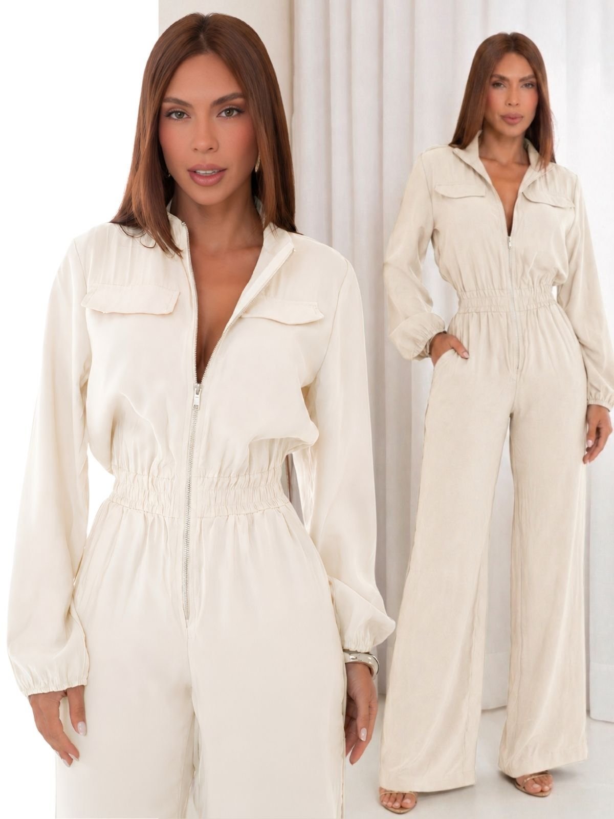 Macacão Alfaiataira Feminino Tropical Fashion Elegante Classigo Ziper Pantalona - Pérola