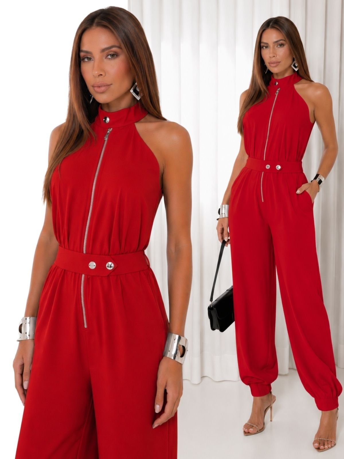 Macacão Feminino Alfaiataria Longo Com Ziper Frontal Pantalona Elegante - Azul Galatic